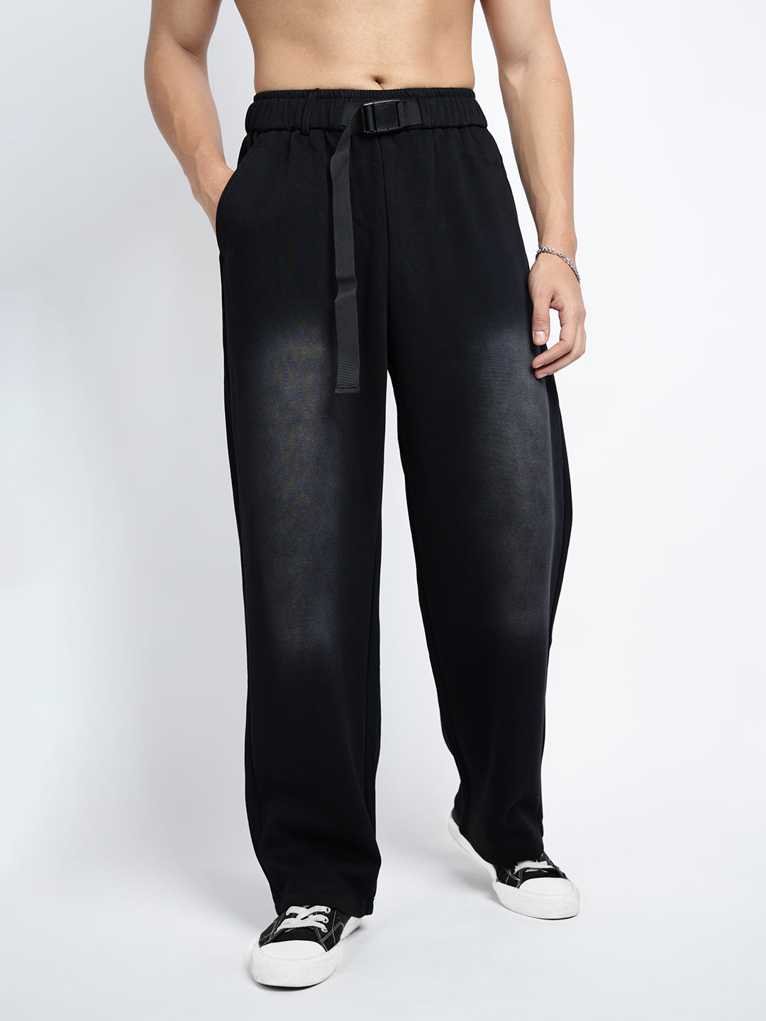 Men's Black Faded Relaxed Fit Trousers with Adjustable Belt