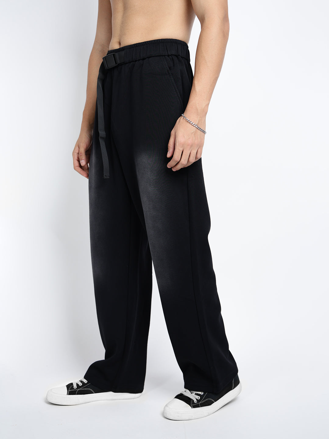 Men's Black Faded Relaxed Fit Trousers with Adjustable Belt