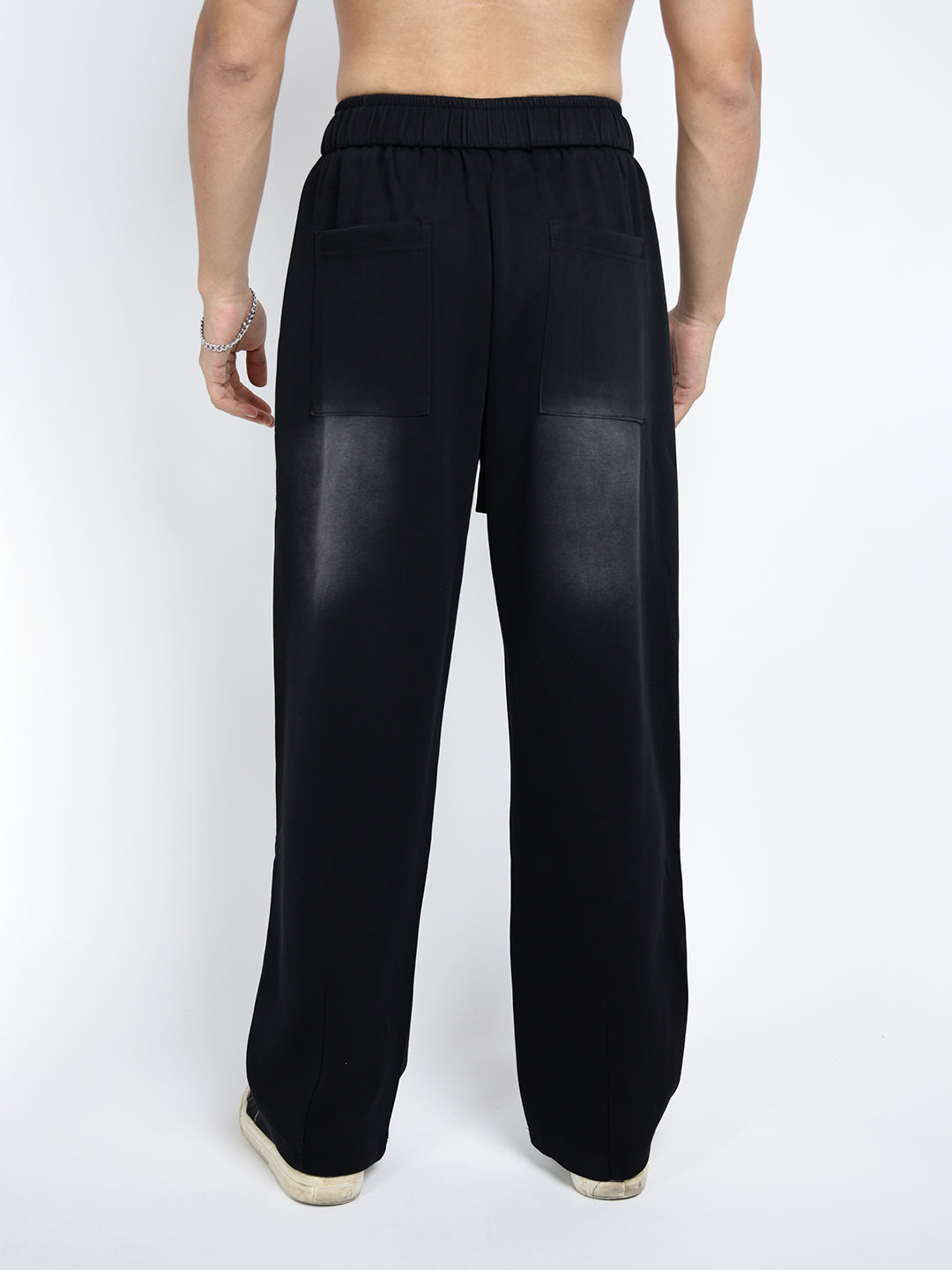 Men's Black Faded Relaxed Fit Trousers with Adjustable Belt