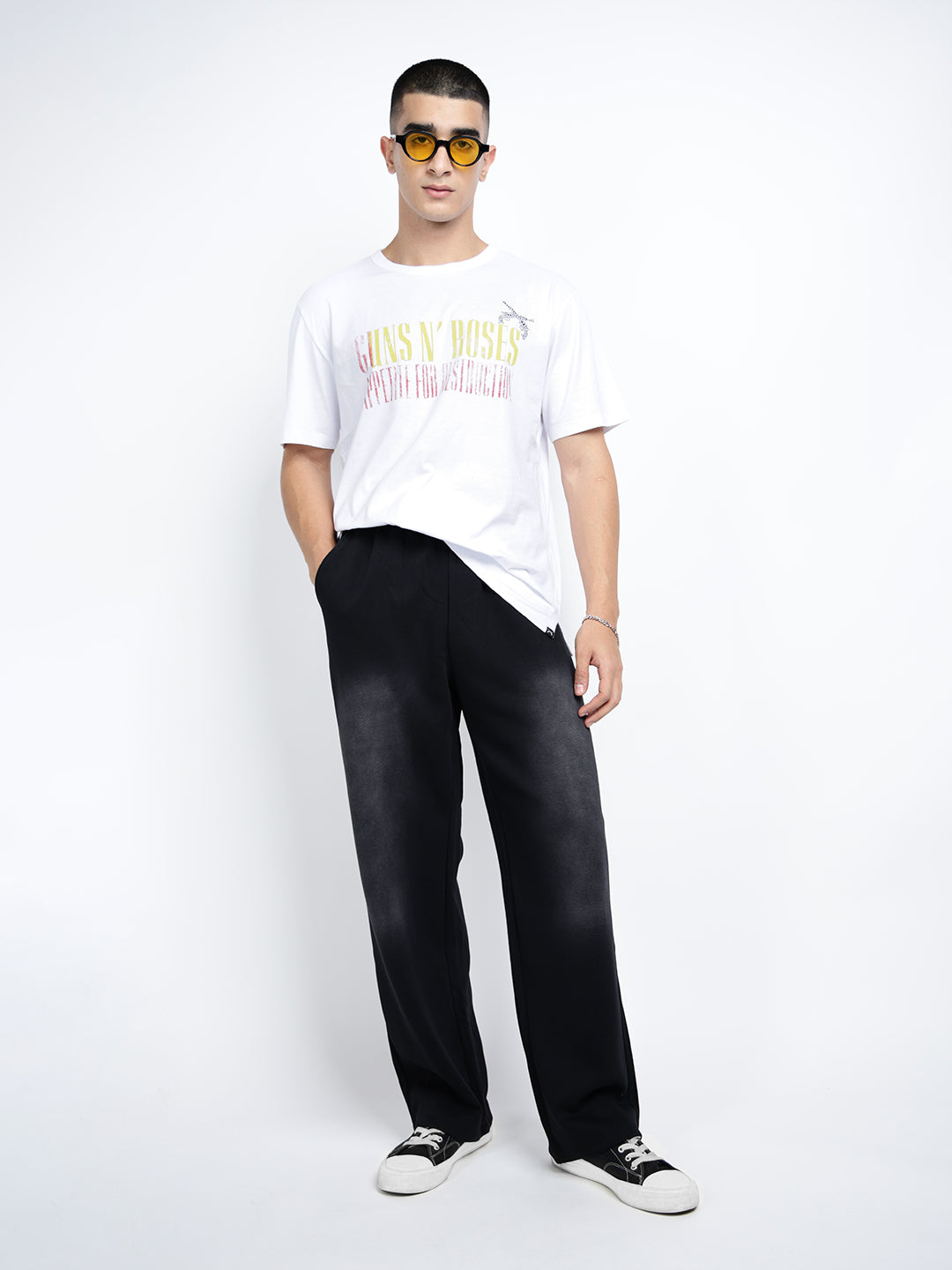 Men's Black Faded Relaxed Fit Trousers with Adjustable Belt