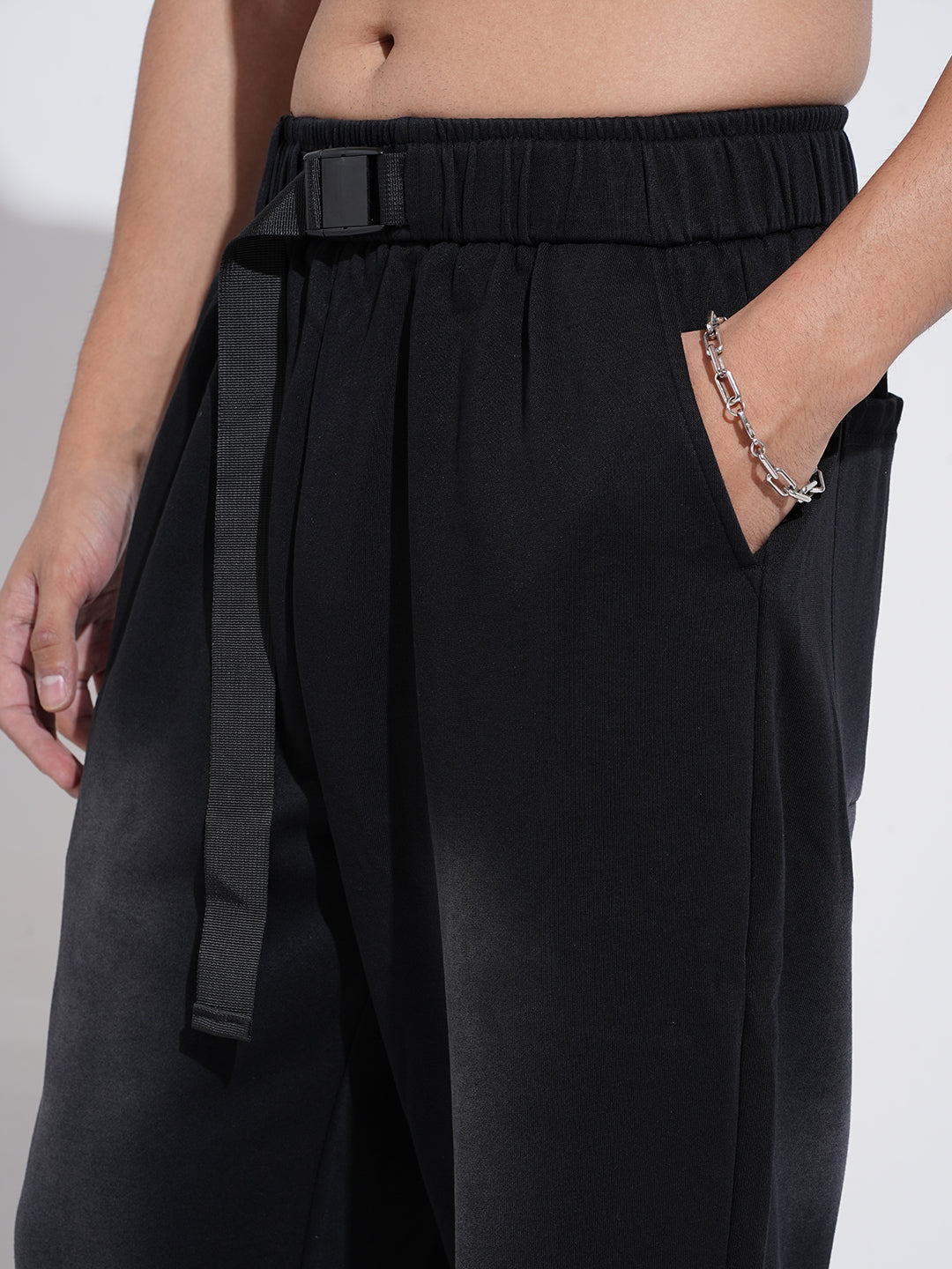 Men's Black Faded Relaxed Fit Trousers with Adjustable Belt