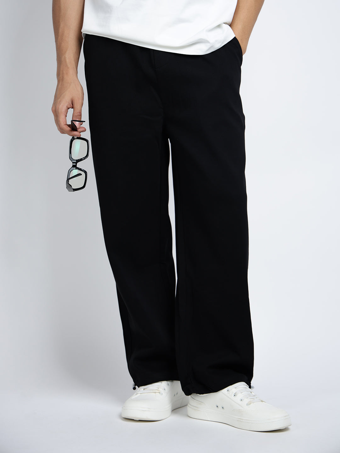 Men's Black Relaxed Fit Trousers with Elasticated Waist and Drawstring