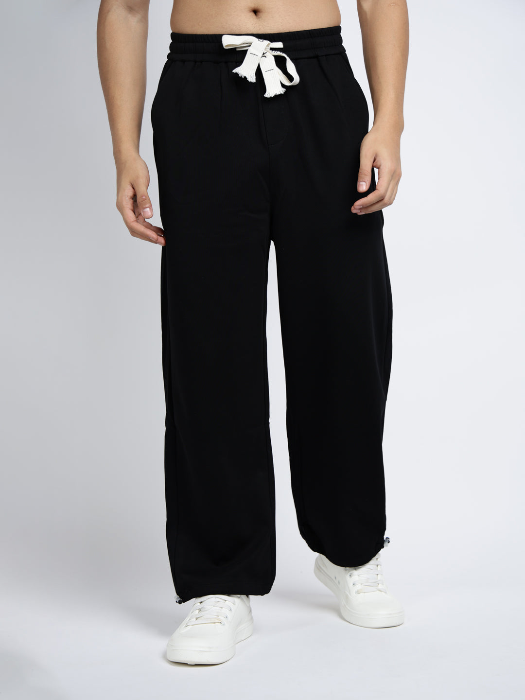 Men's Black Relaxed Fit Trousers with Elasticated Waist and Drawstring