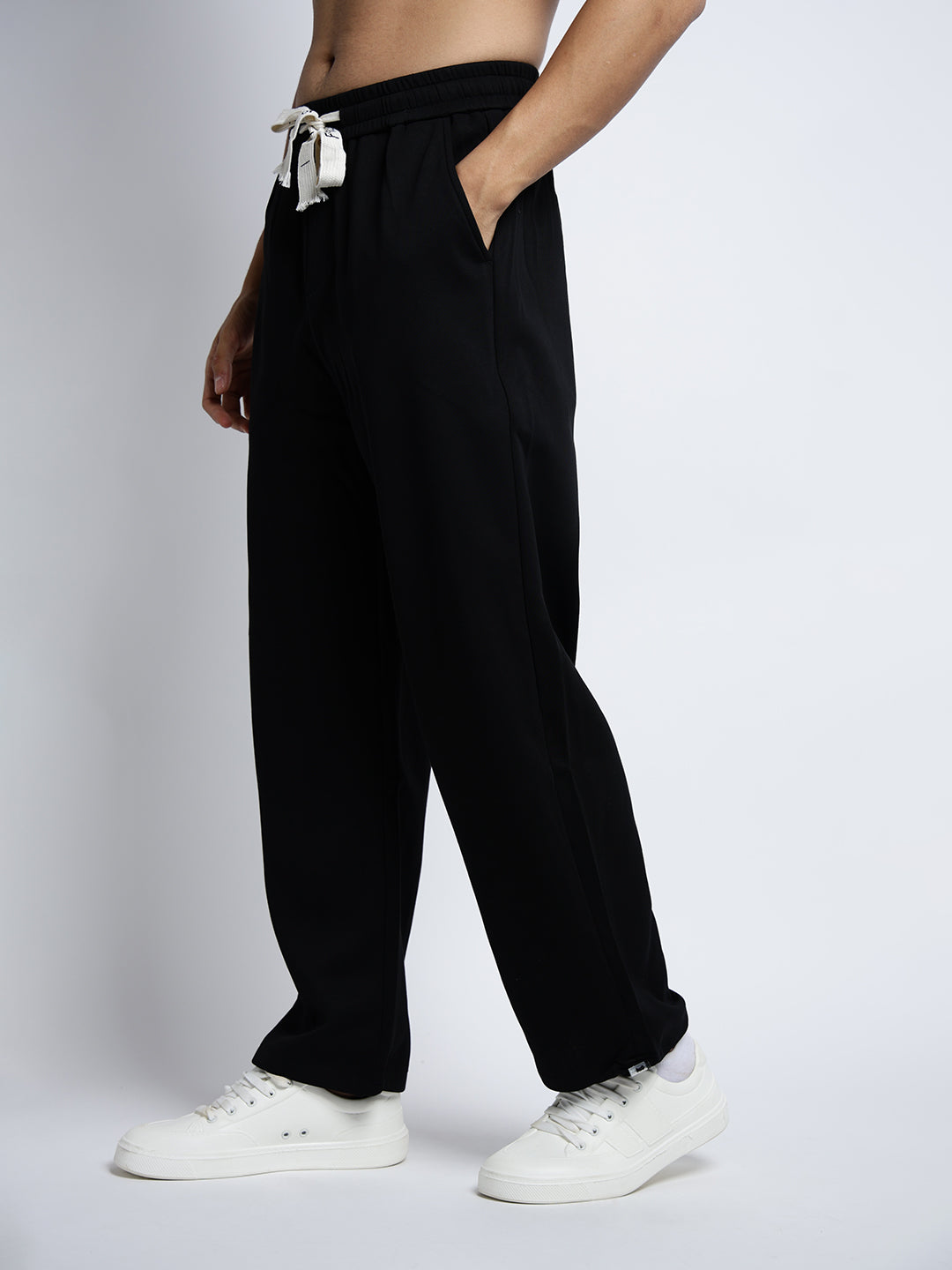 Men's Black Relaxed Fit Trousers with Elasticated Waist and Drawstring