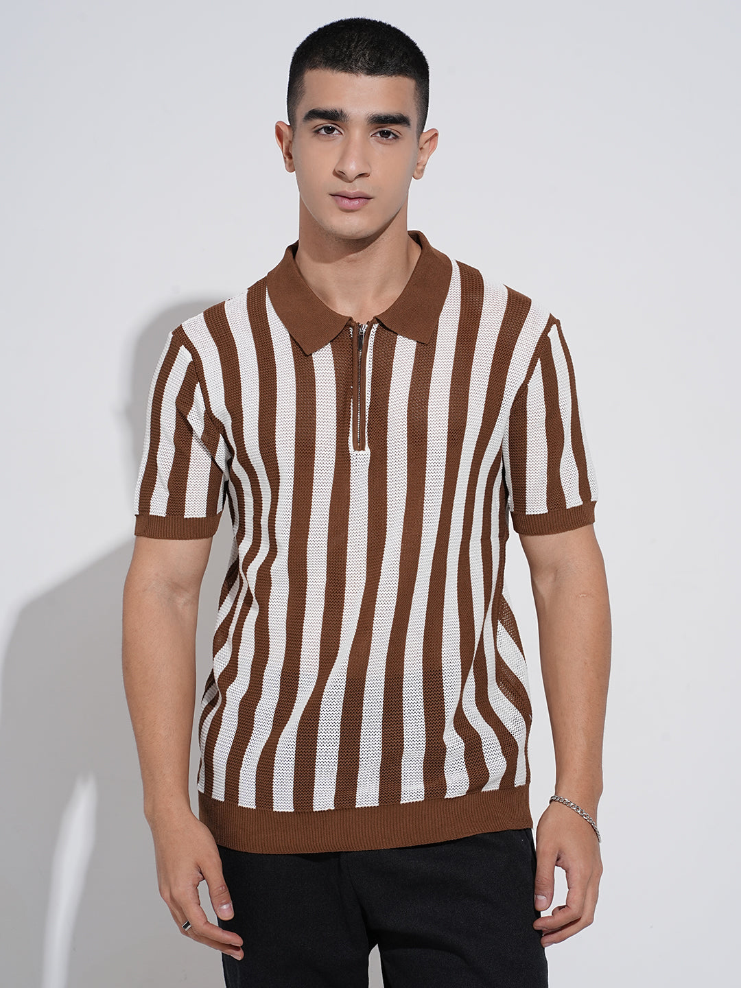 Men's Striped Brown Textured Short Sleeves Polo Collar Regular Fit T-Shirt with Zip Details