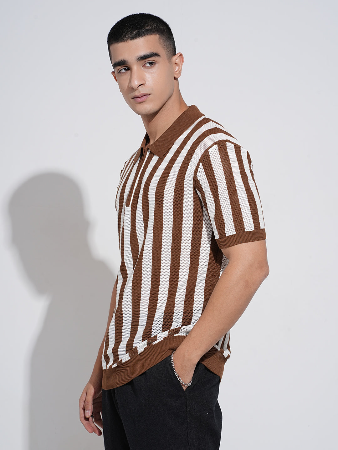 Men's Striped Brown Textured Short Sleeves Polo Collar Regular Fit T-Shirt with Zip Details