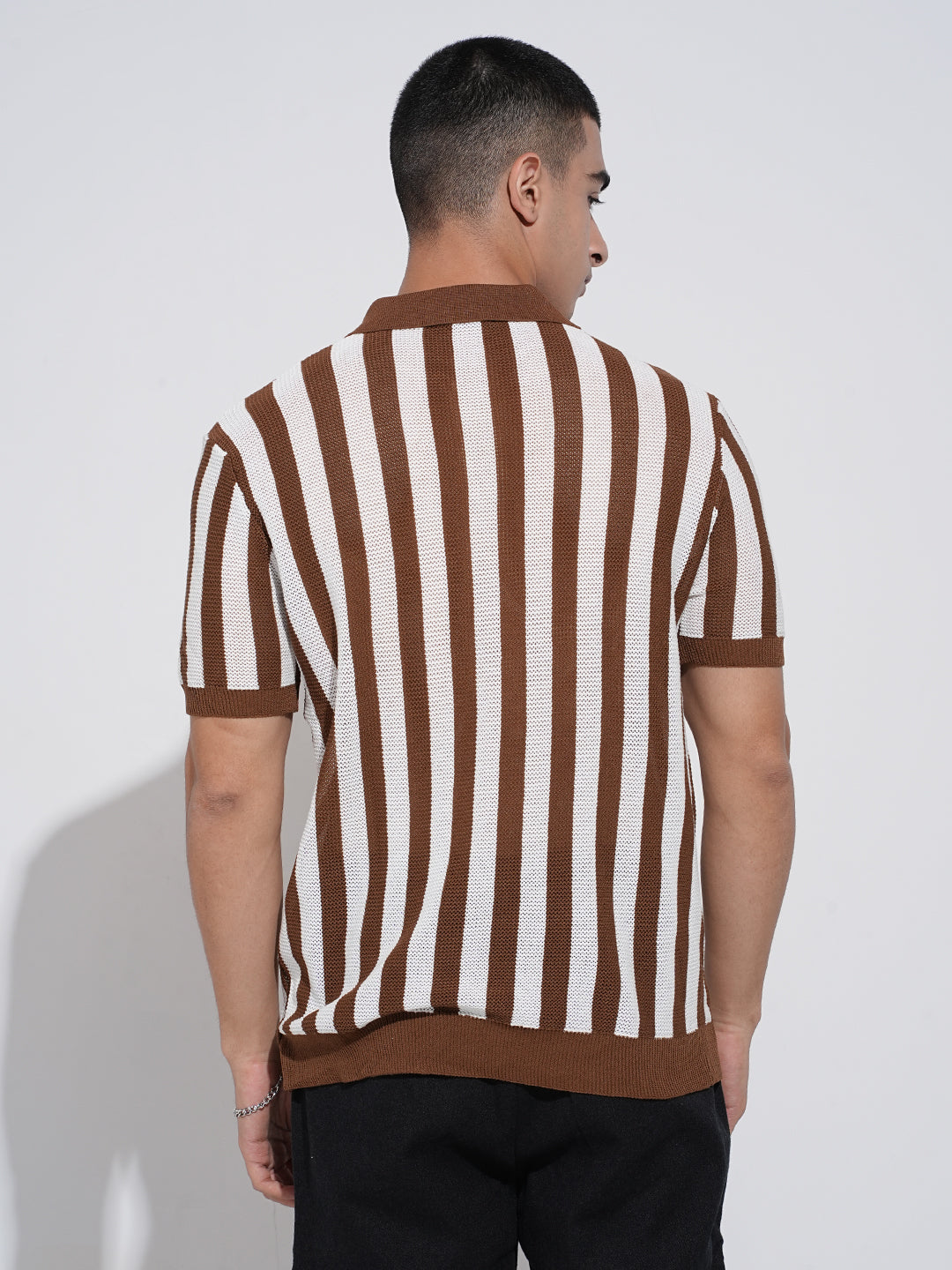 Men's Striped Brown Textured Short Sleeves Polo Collar Regular Fit T-Shirt with Zip Details