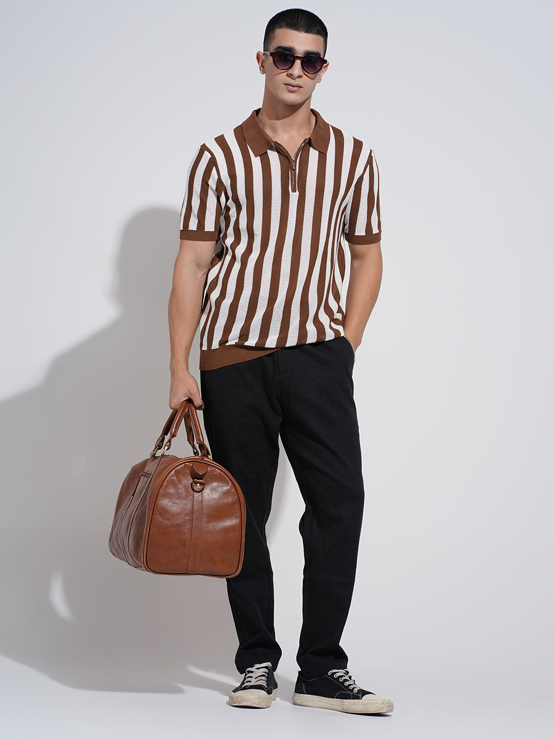 Men's Striped Brown Textured Short Sleeves Polo Collar Regular Fit T-Shirt with Zip Details