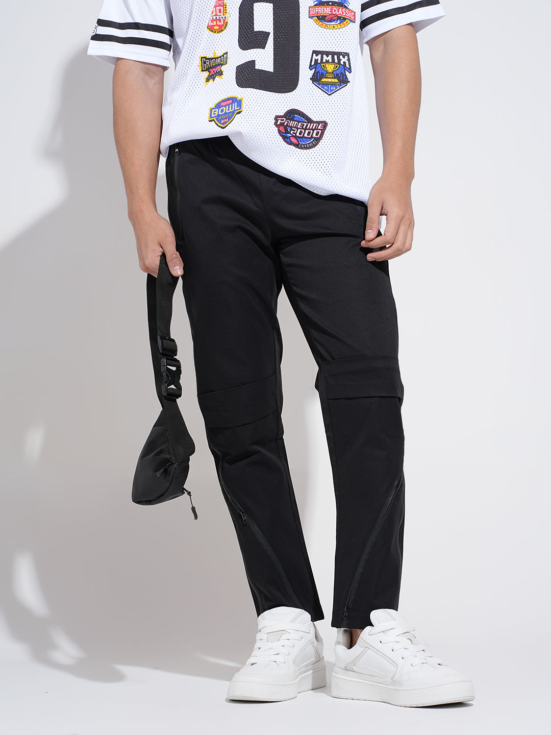 Men's Black Slim Fit Trousers with Zipper at Side Hem