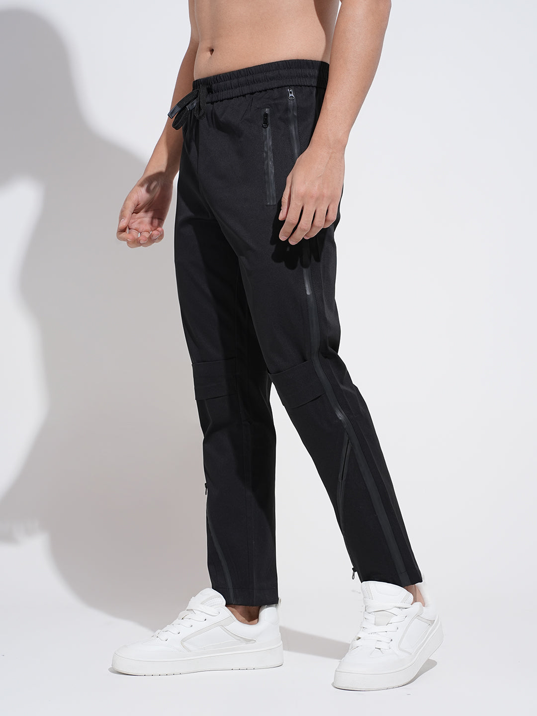 Men's Black Slim Fit Trousers with Zipper at Side Hem