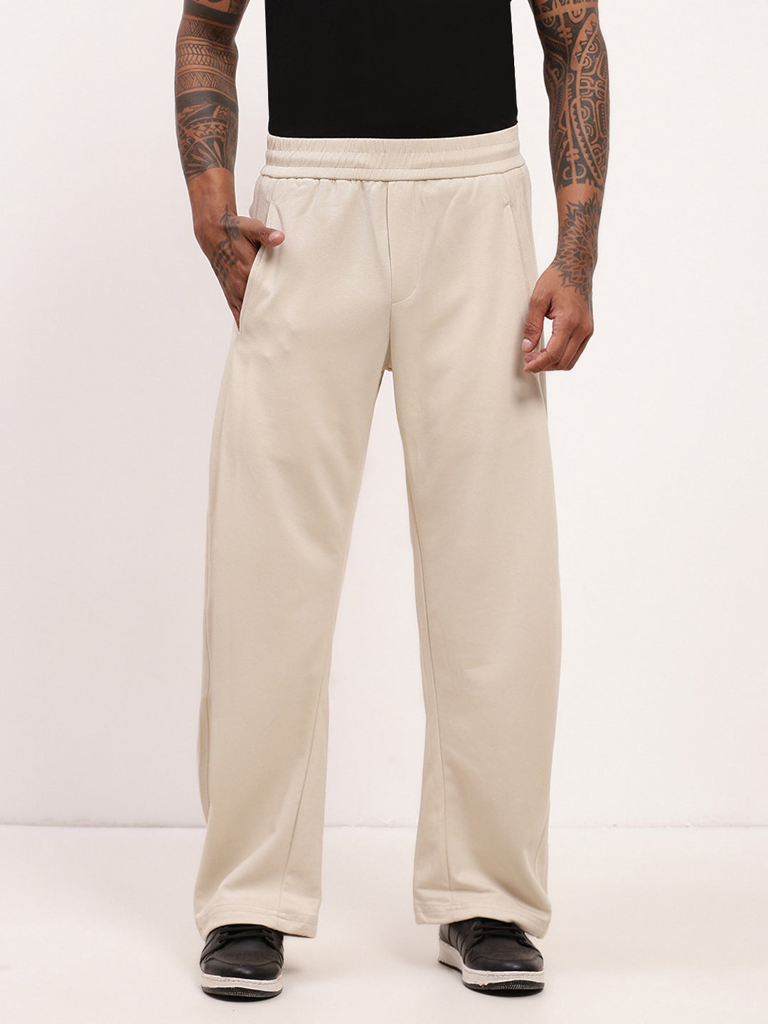 Men Cream Solid Straight Fit Trousers