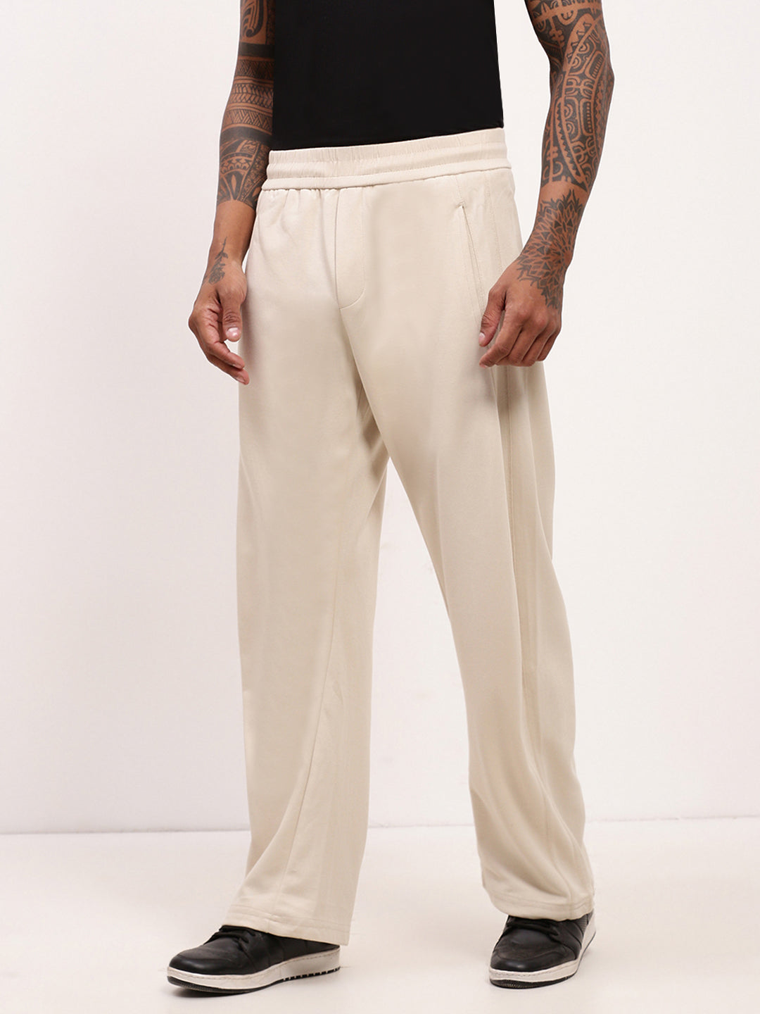 Men Cream Solid Straight Fit Trousers