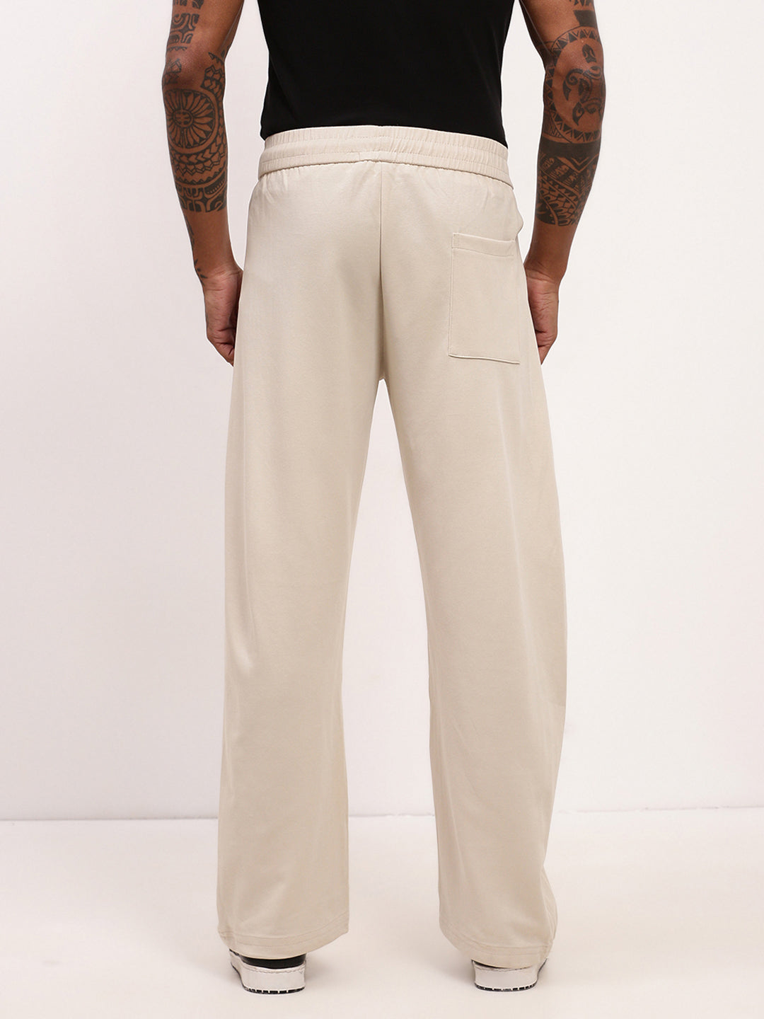 Men Cream Solid Straight Fit Trousers