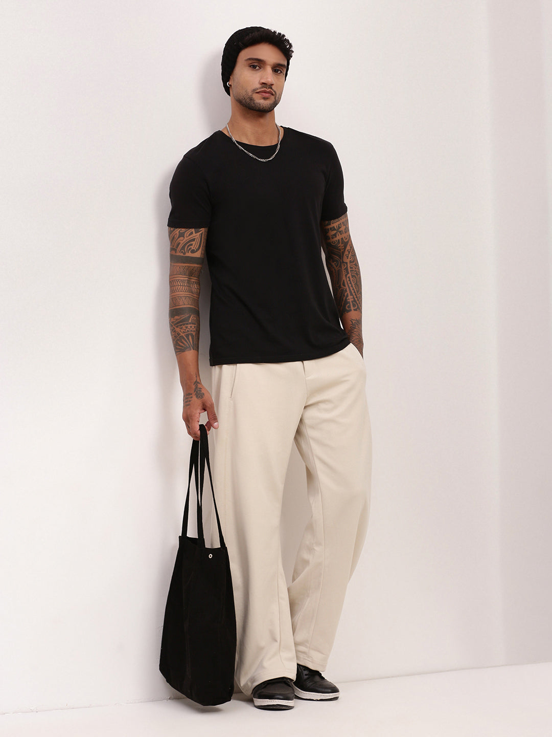 Men Cream Solid Straight Fit Trousers