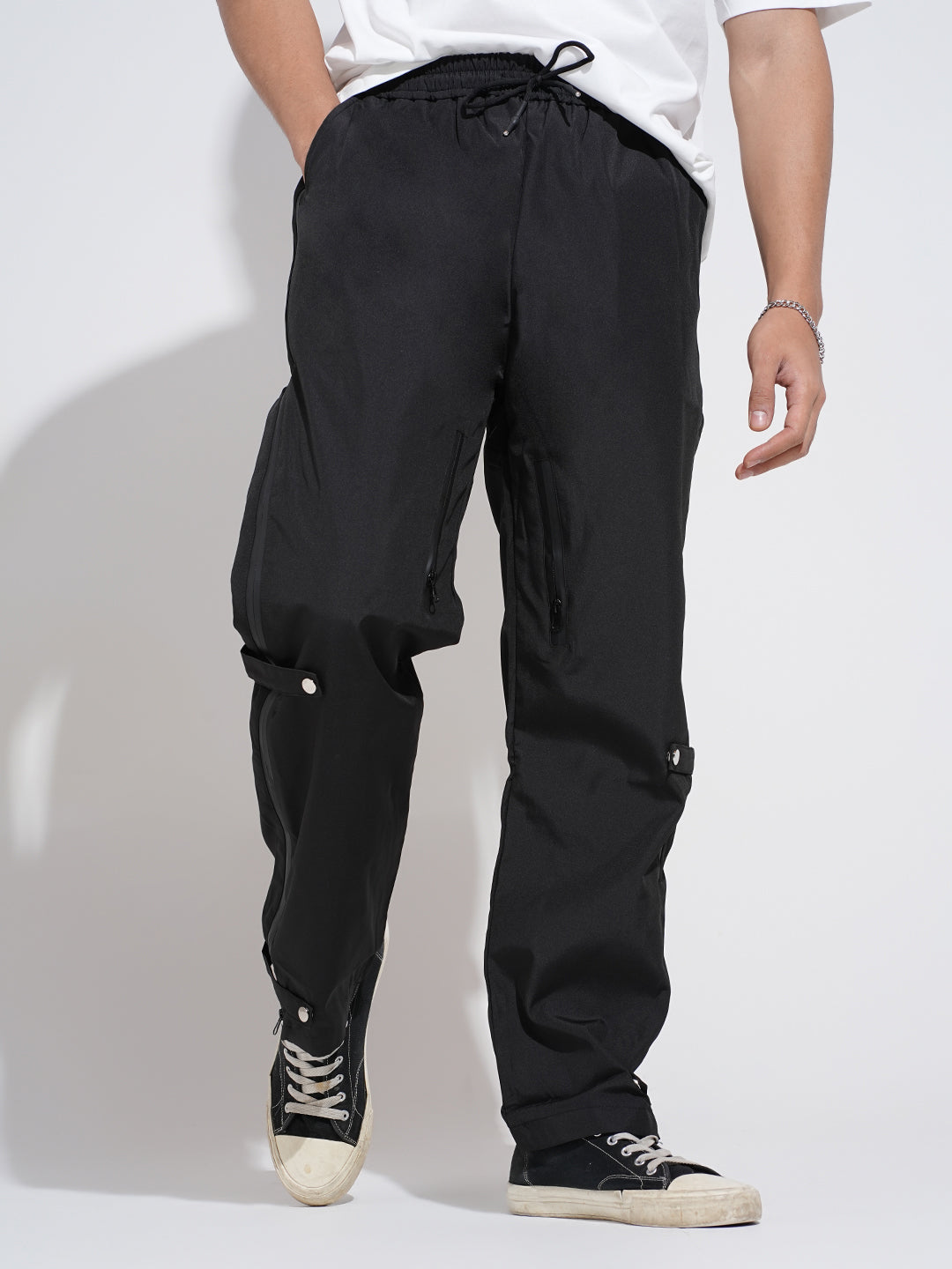 Men's Black Regular Fit Trousers with Adjustable Snap Button Tabs