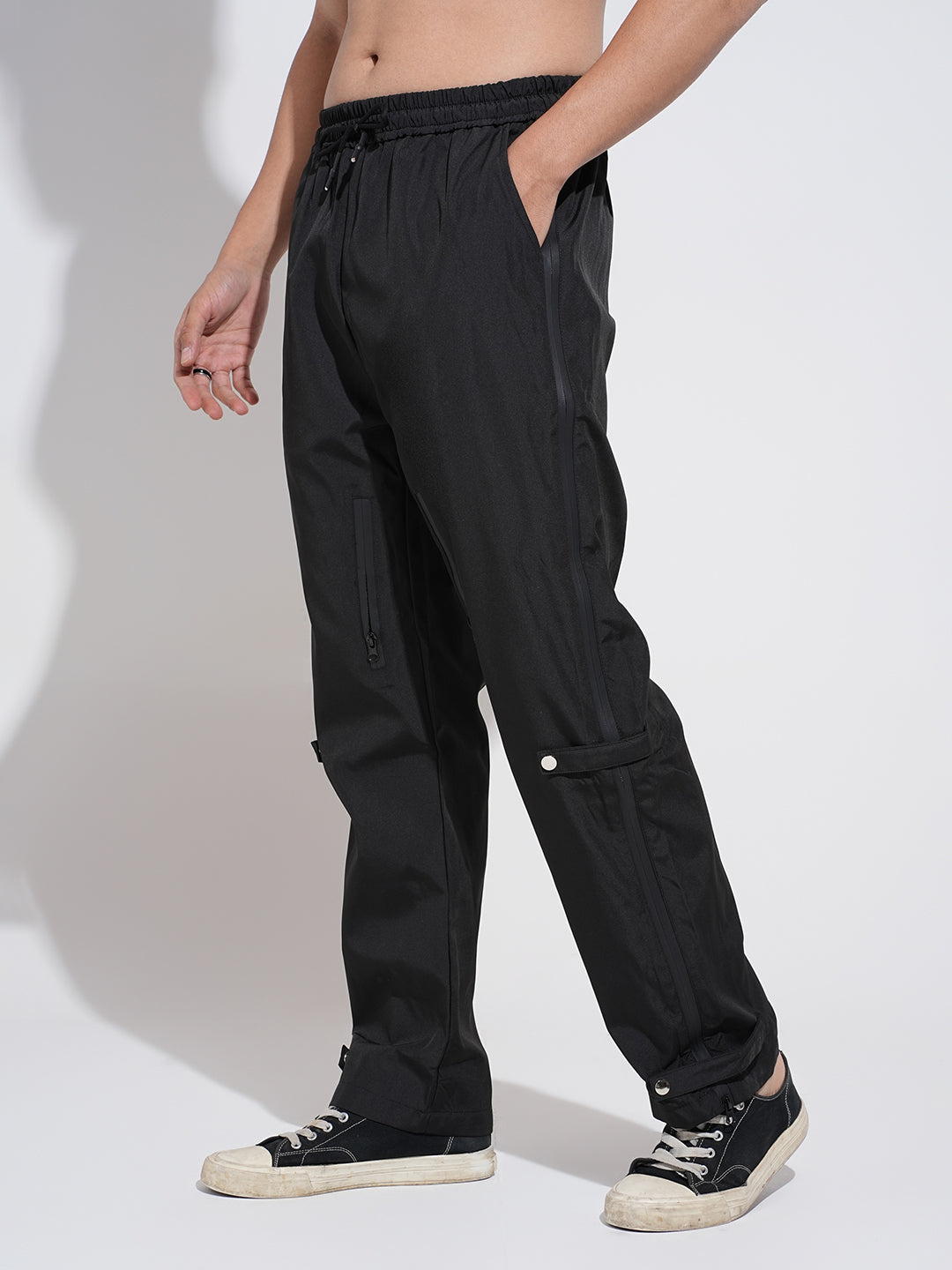 Men's Black Regular Fit Trousers with Adjustable Snap Button Tabs