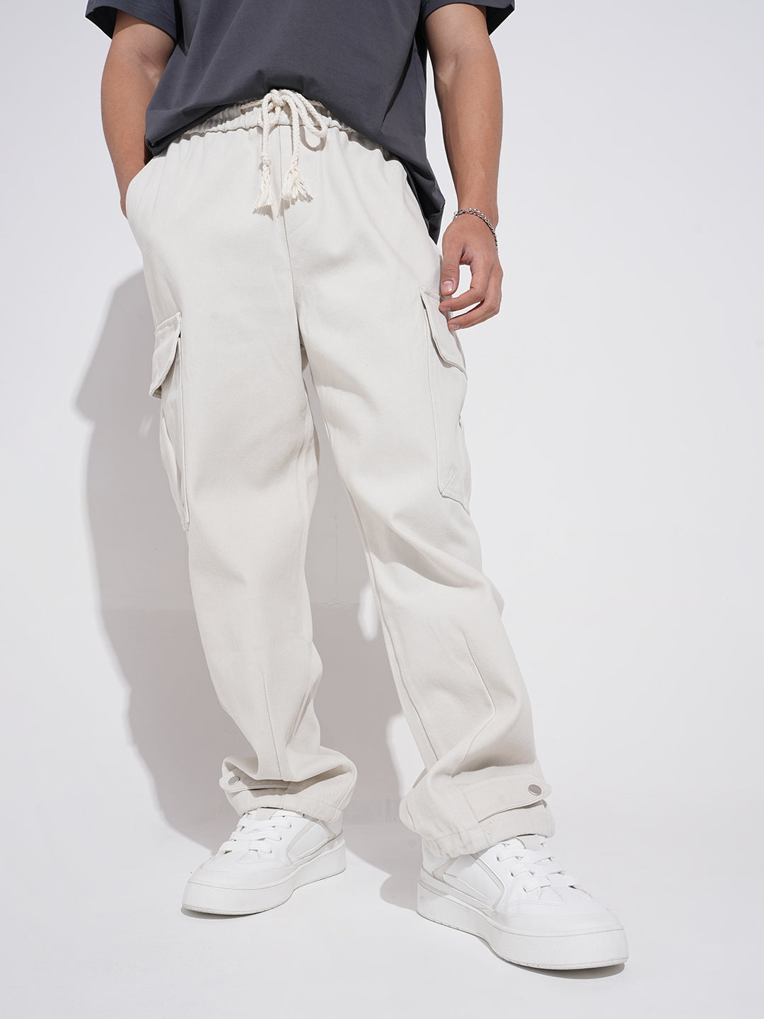 Men's Off White Relaxed Fit Cargo Trousers  with Elasticated Waist and Drawstring