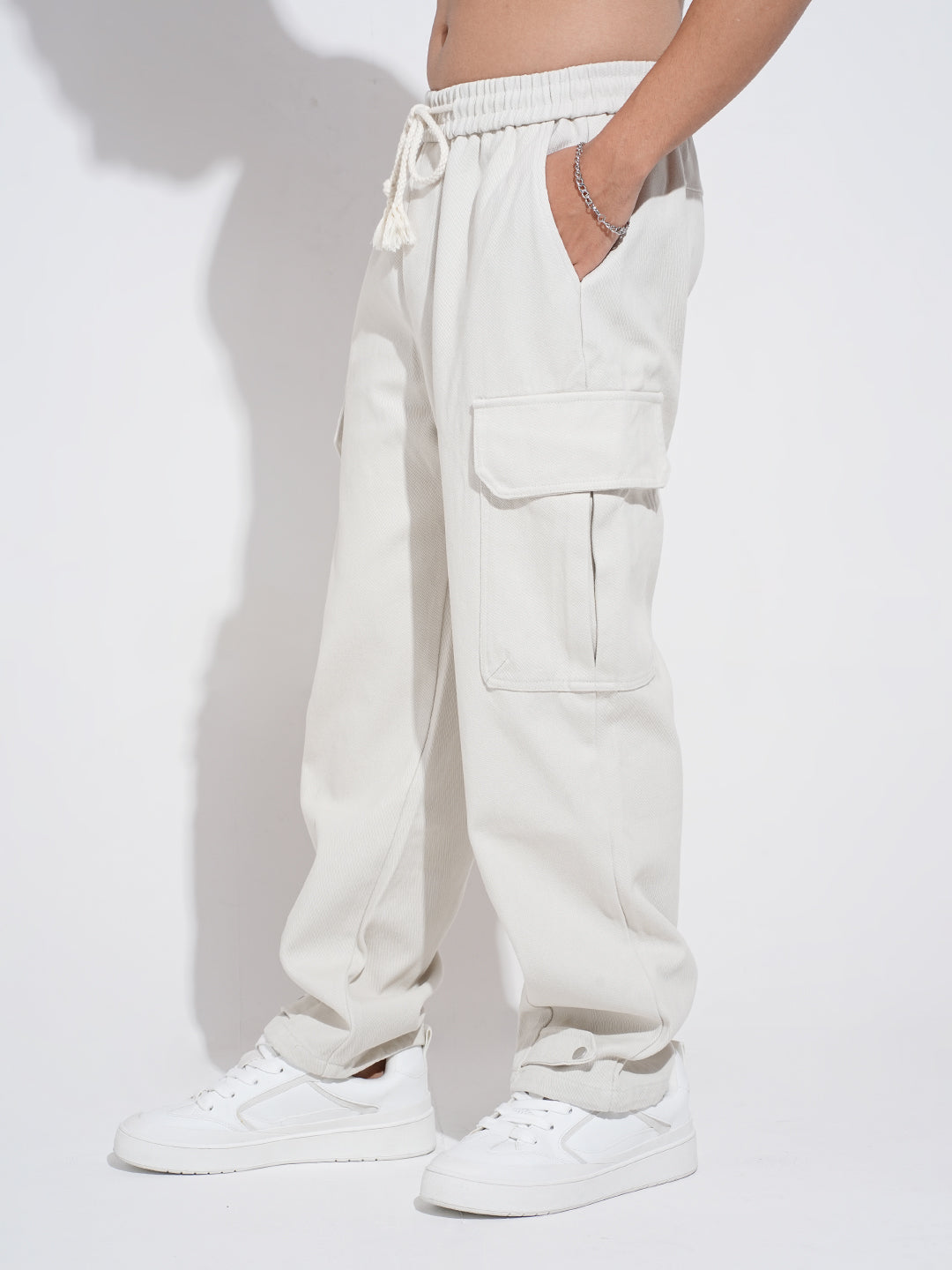 Men's Off White Relaxed Fit Cargo Trousers  with Elasticated Waist and Drawstring