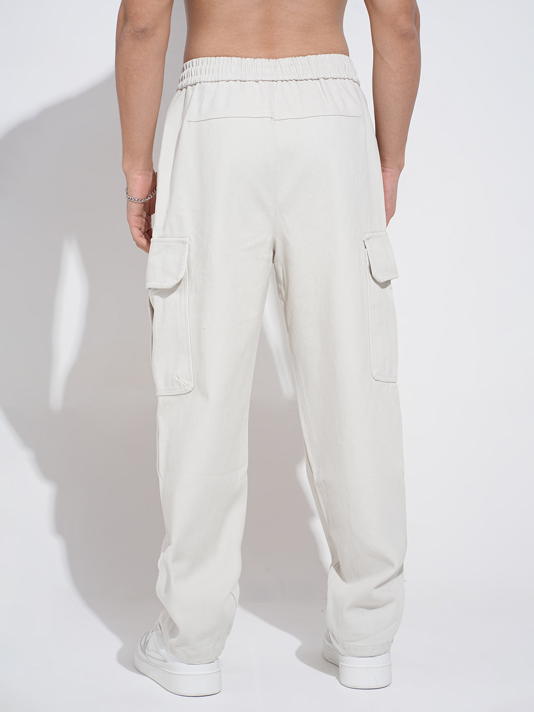 Men's Off White Relaxed Fit Cargo Trousers  with Elasticated Waist and Drawstring