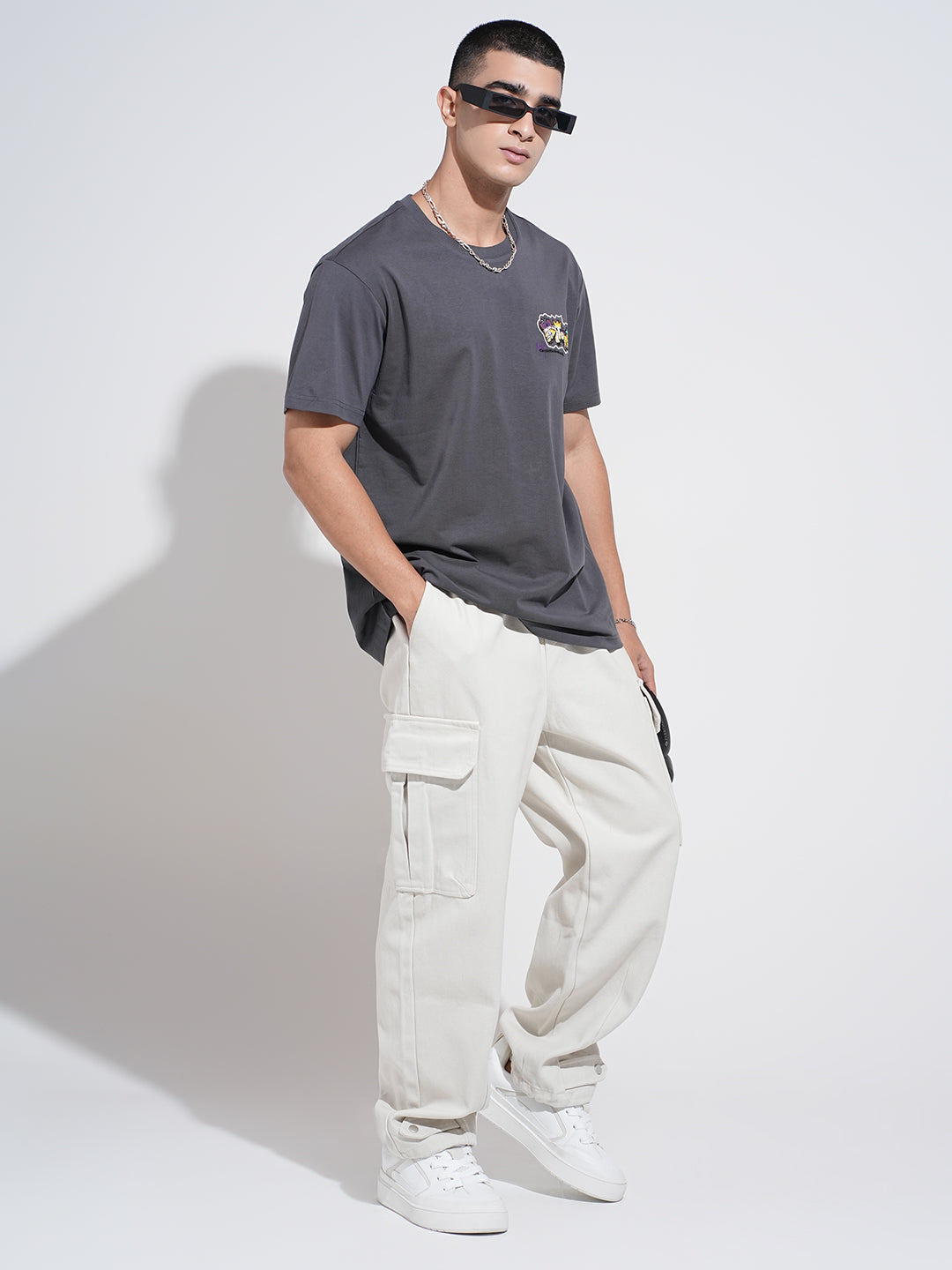 Men's Off White Relaxed Fit Cargo Trousers  with Elasticated Waist and Drawstring