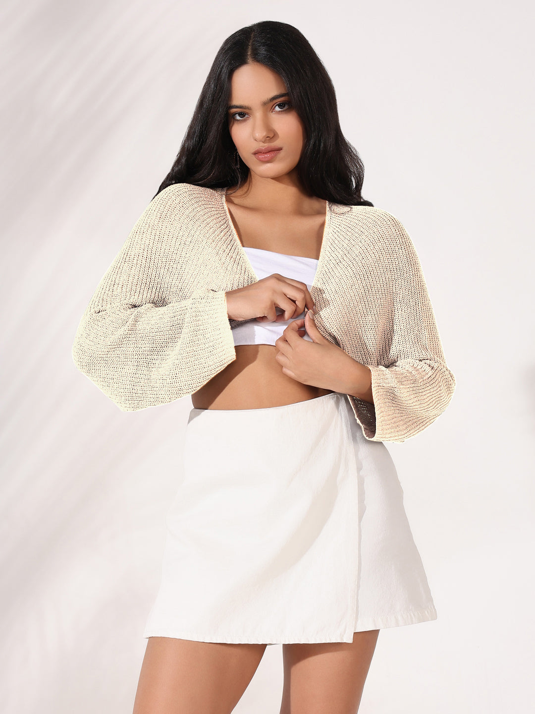 Women Beige Solid Crop Shrug