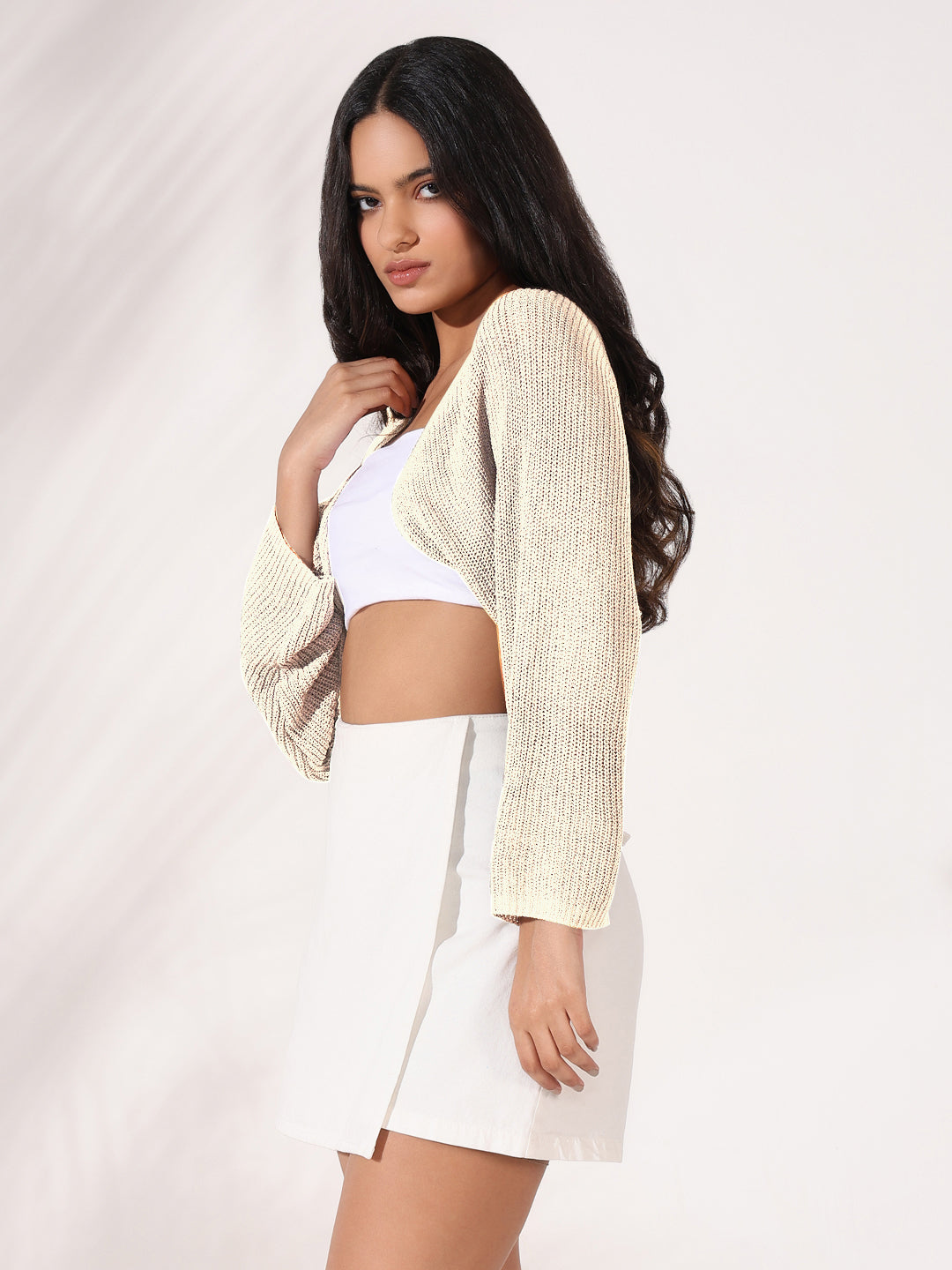 Women Beige Solid Crop Shrug