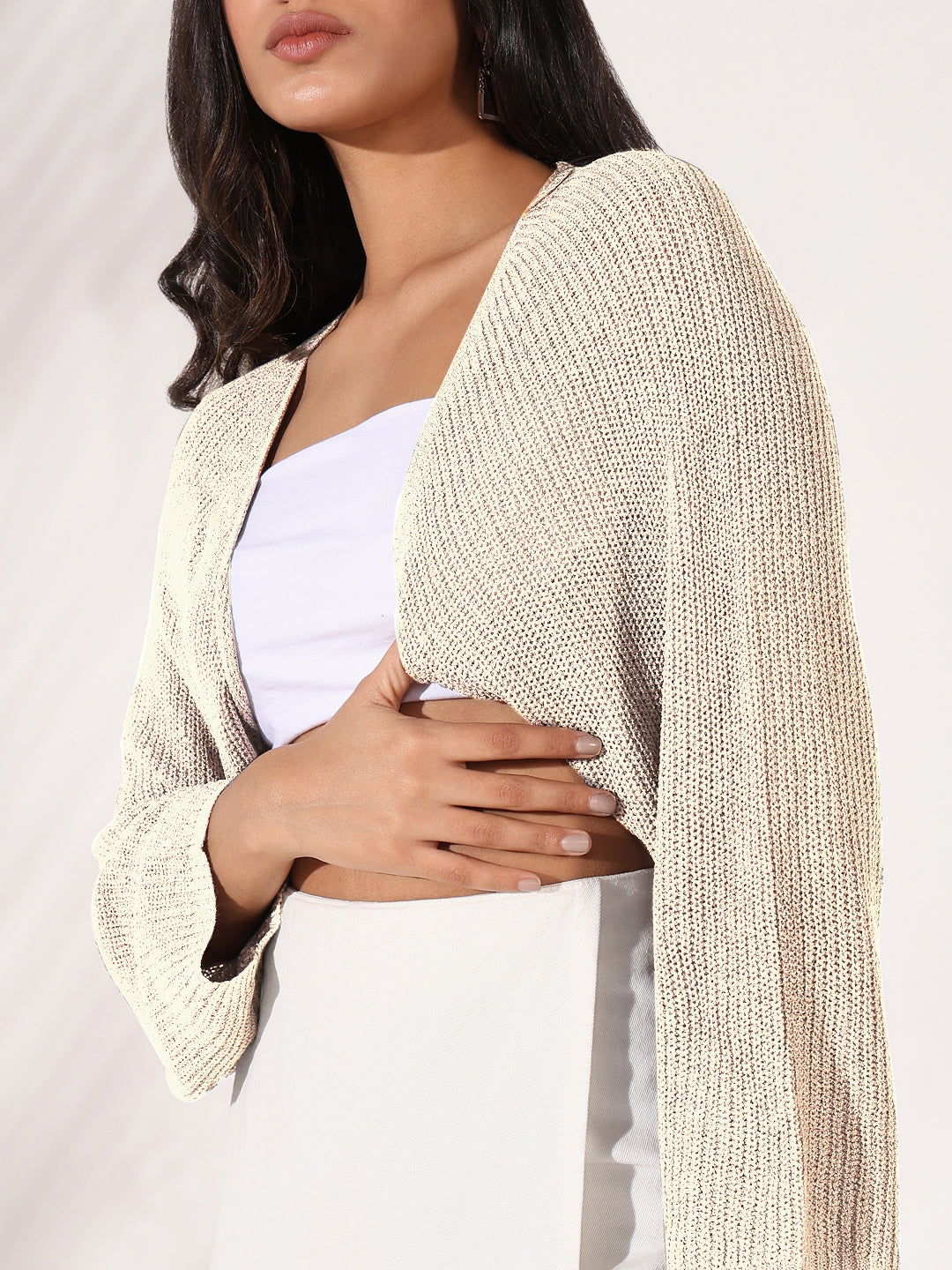 Women Beige Solid Crop Shrug