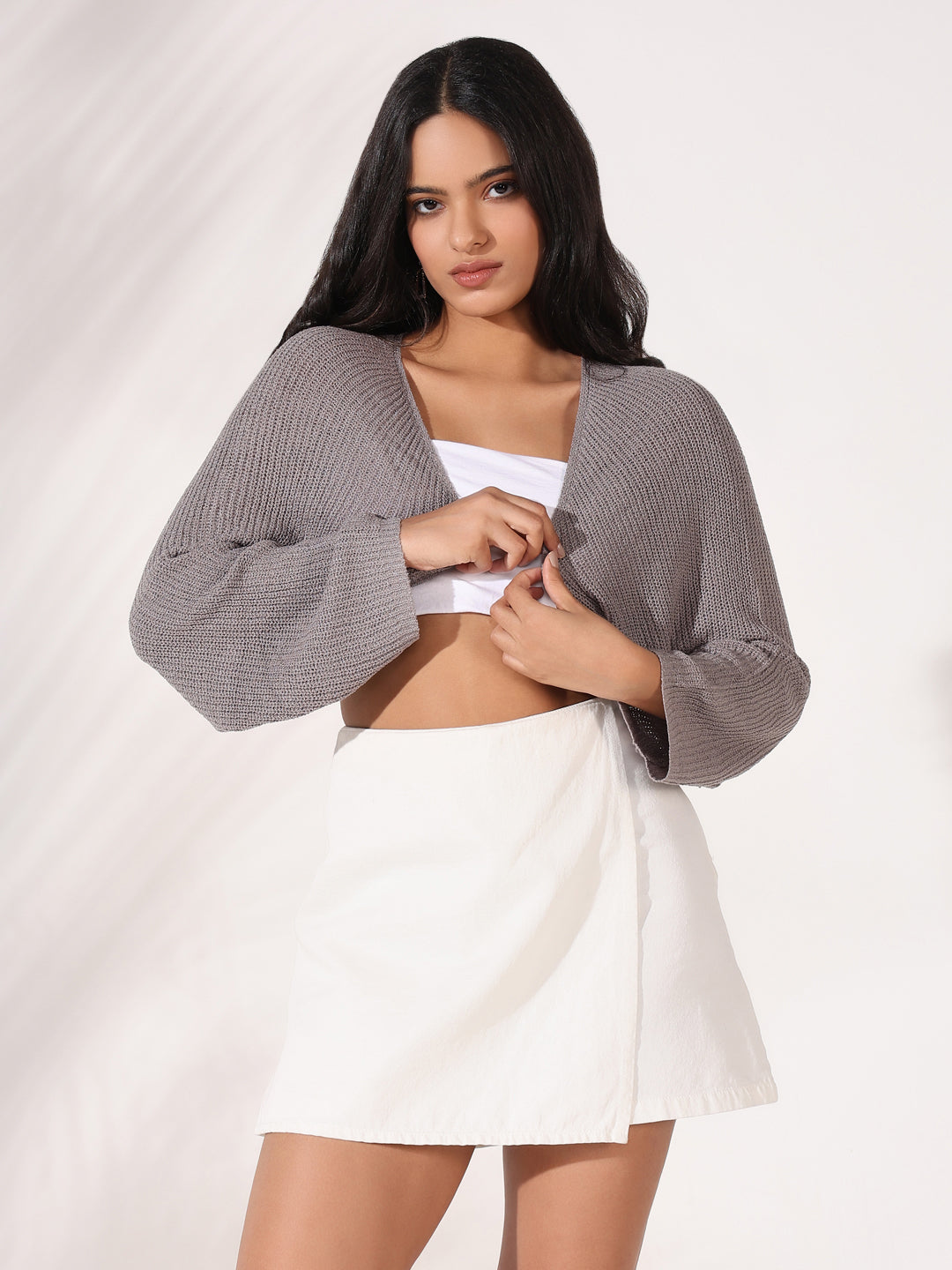 Women Grey Solid Crop Shrug