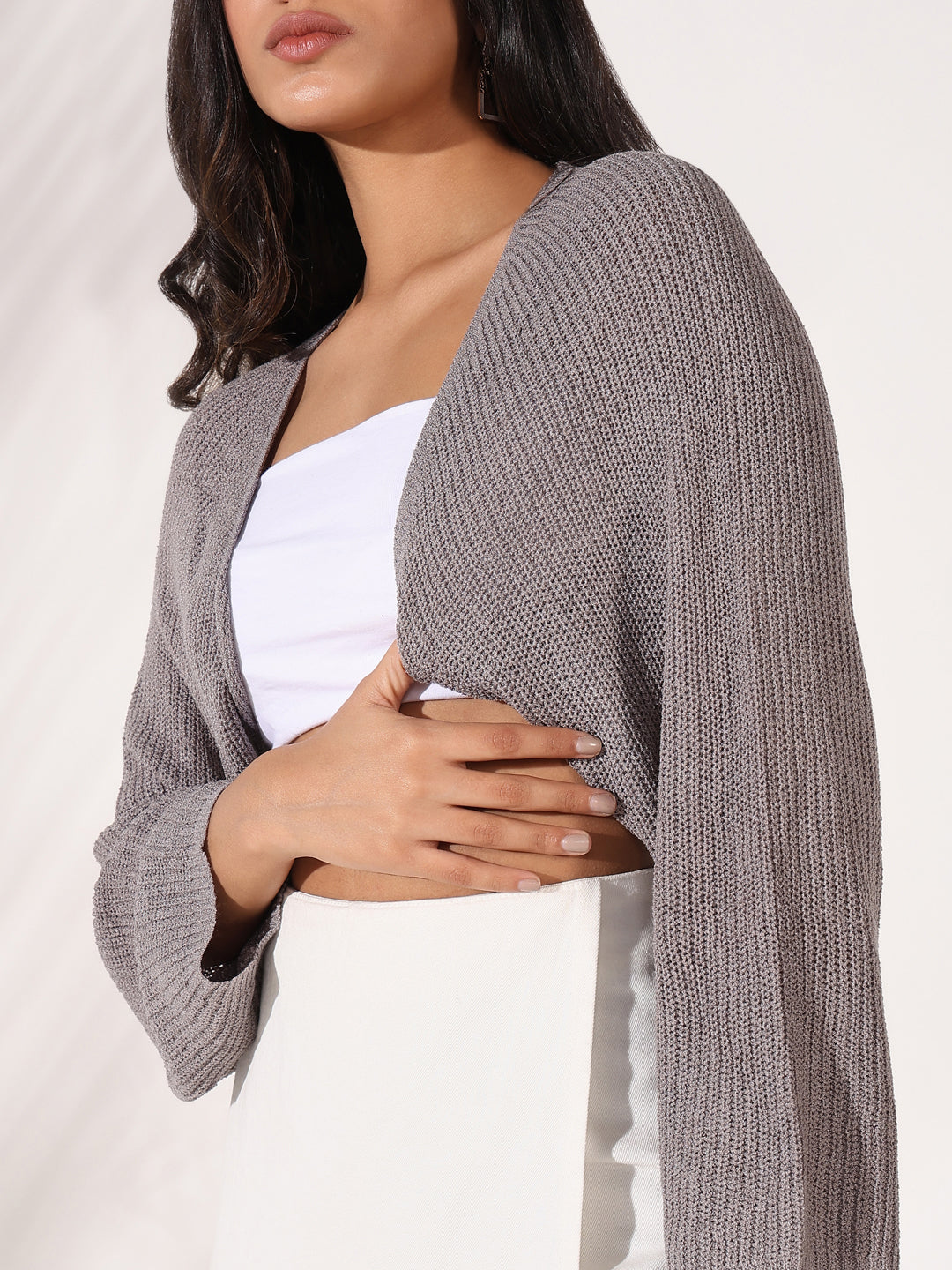 Women Grey Solid Crop Shrug