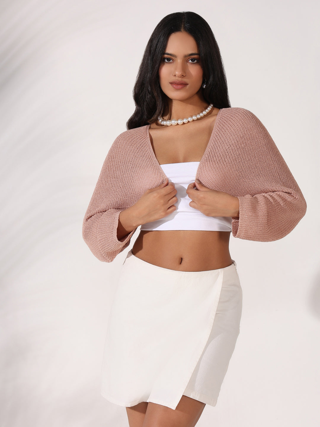 Women Peach Solid Crop Shrug