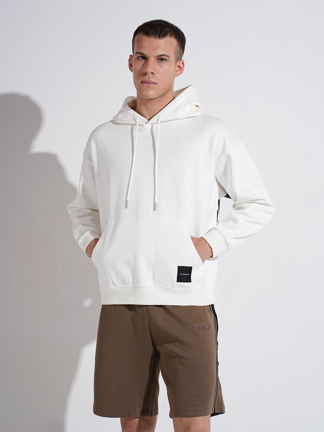 Men's Typography White Graphic Ribbed Relaxed Fit Hoodie