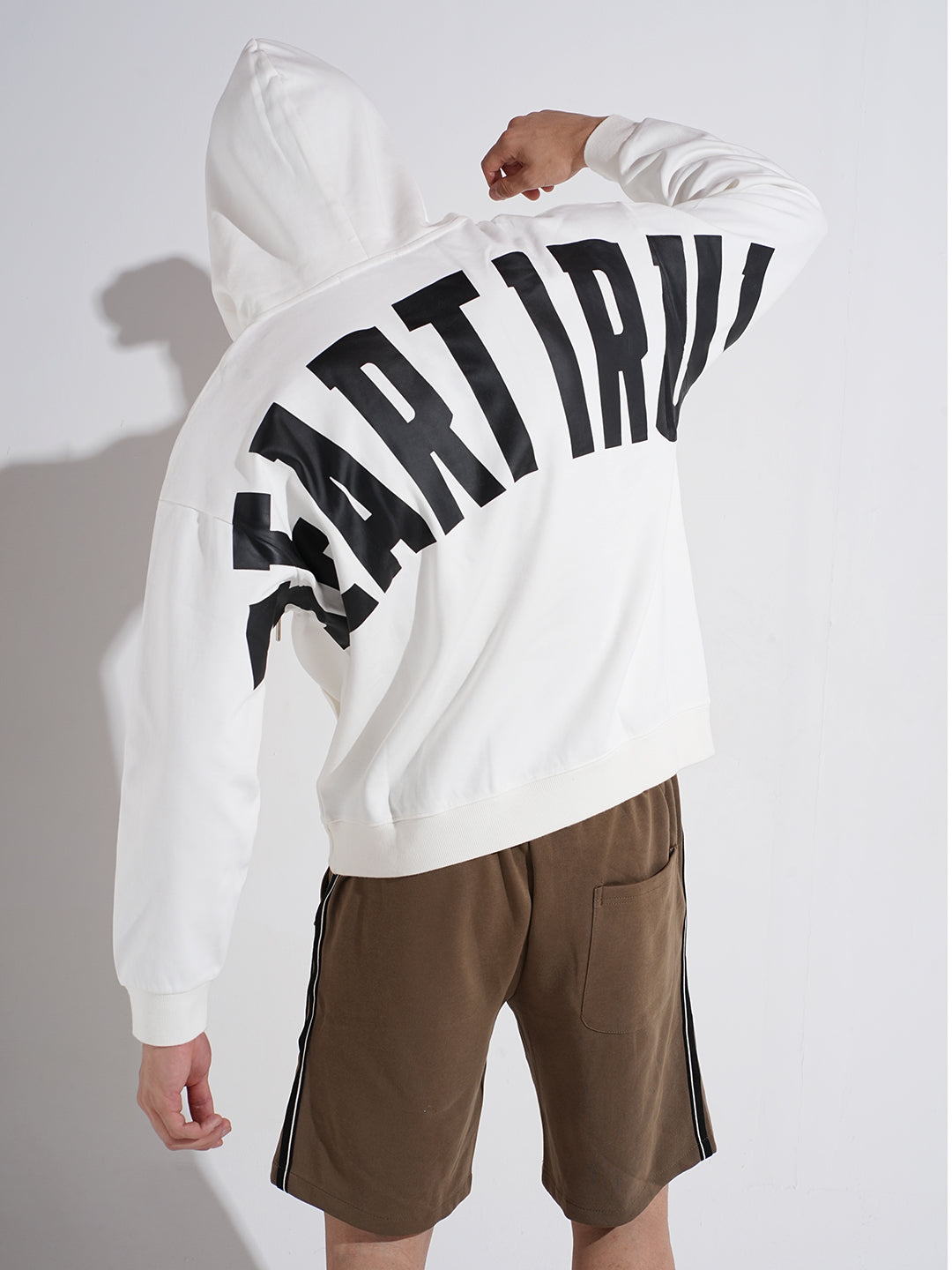 Men's Typography White Graphic Ribbed Relaxed Fit Hoodie