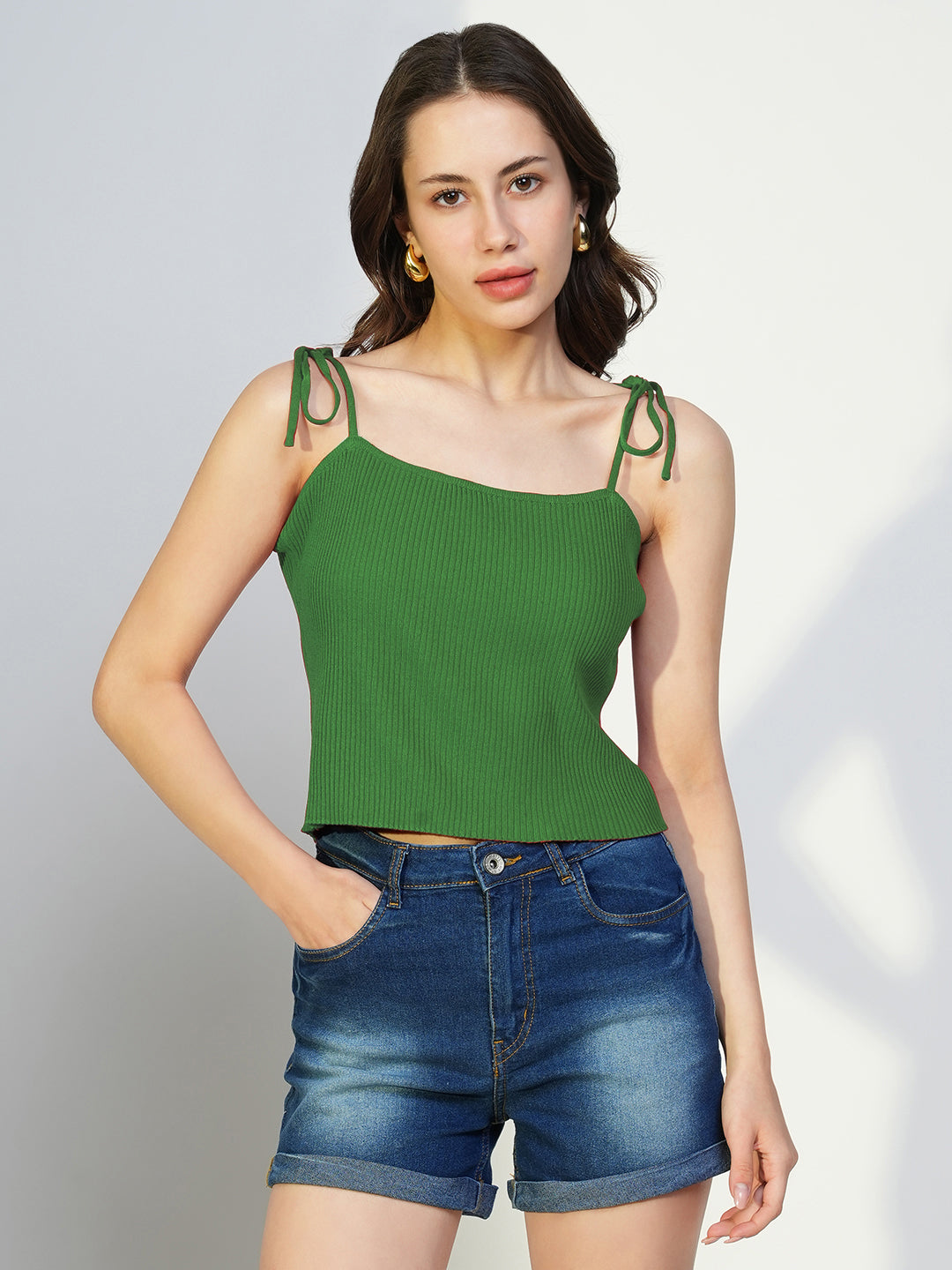 Women Solid Green Shoulder Straps Crop Top