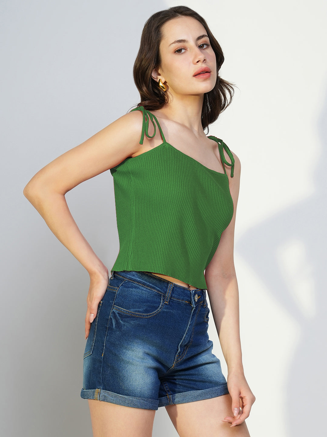 Women Solid Green Shoulder Straps Crop Top