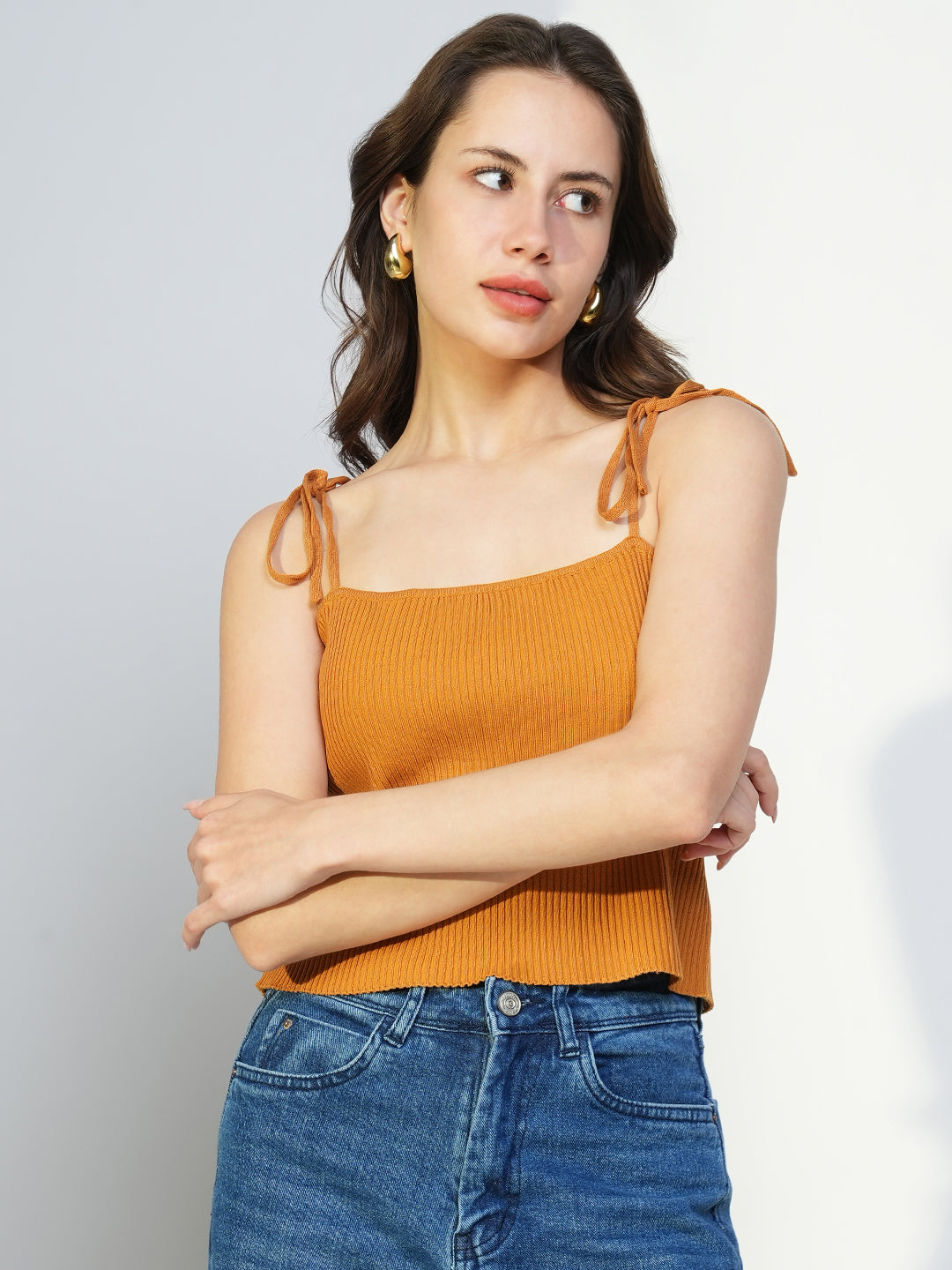 Women Mustard Solid Crop Top