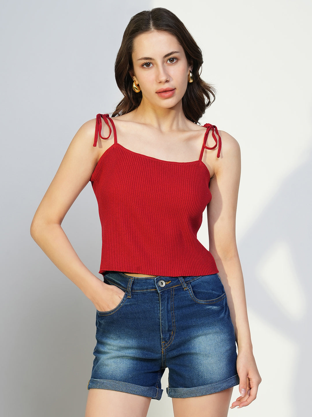 Women Red Solid Crop Top