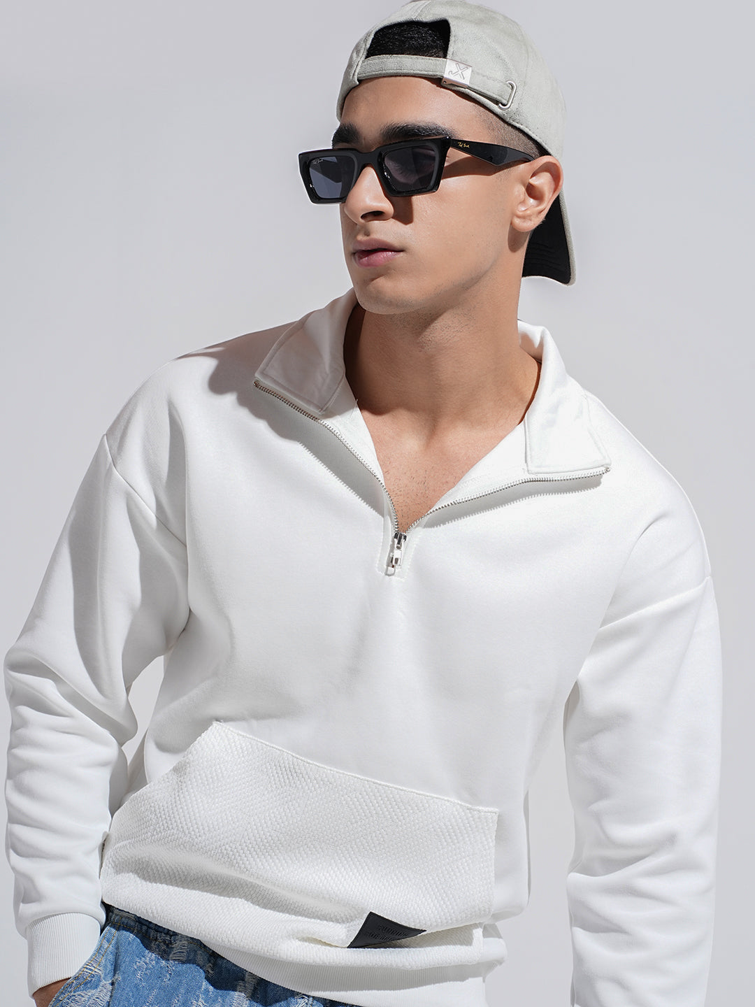 Men's White High Neck Ribbed Slim Fit Sweatshirt