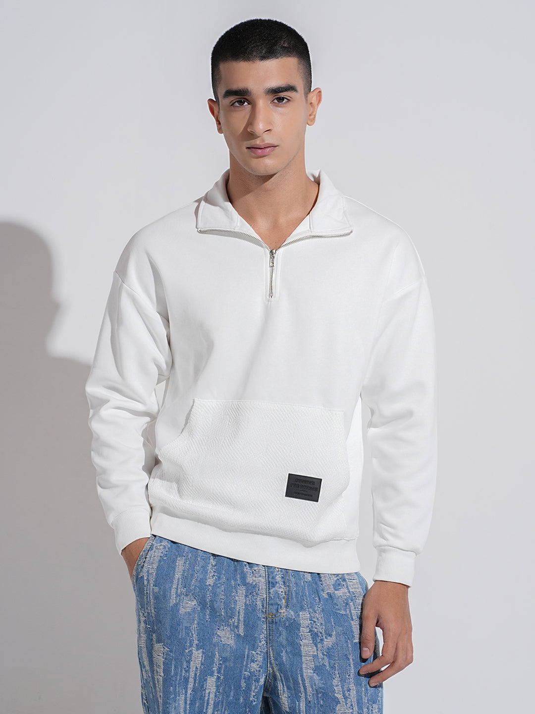 Men's White High Neck Ribbed Slim Fit Sweatshirt