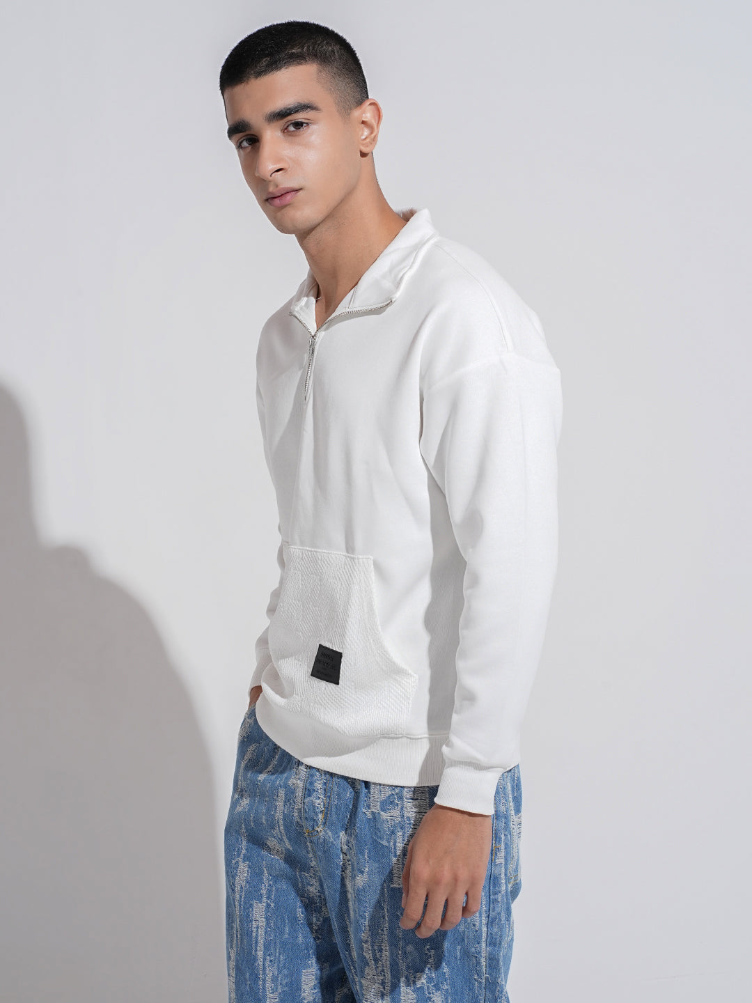 Men's White High Neck Ribbed Slim Fit Sweatshirt