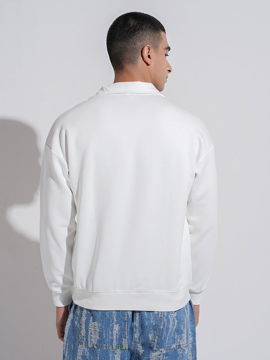 Men's White High Neck Ribbed Slim Fit Sweatshirt