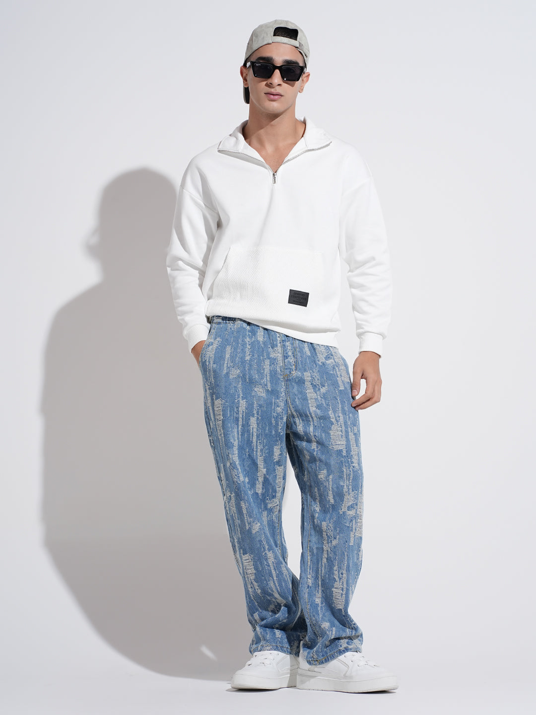 Men's White High Neck Ribbed Slim Fit Sweatshirt