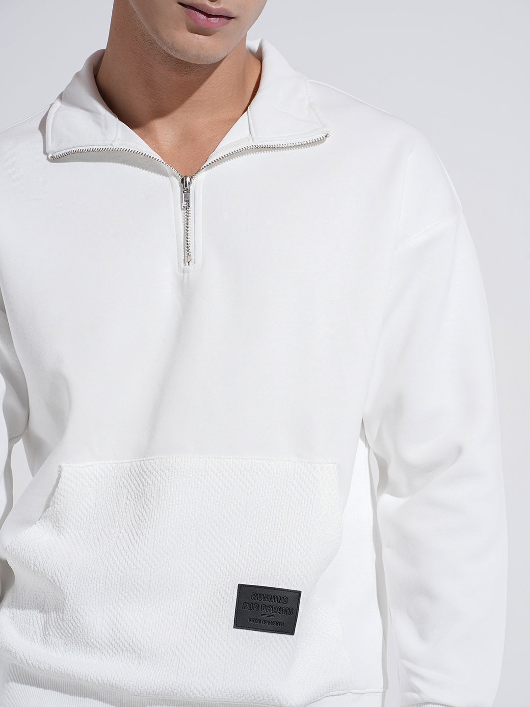 Men's White High Neck Ribbed Slim Fit Sweatshirt