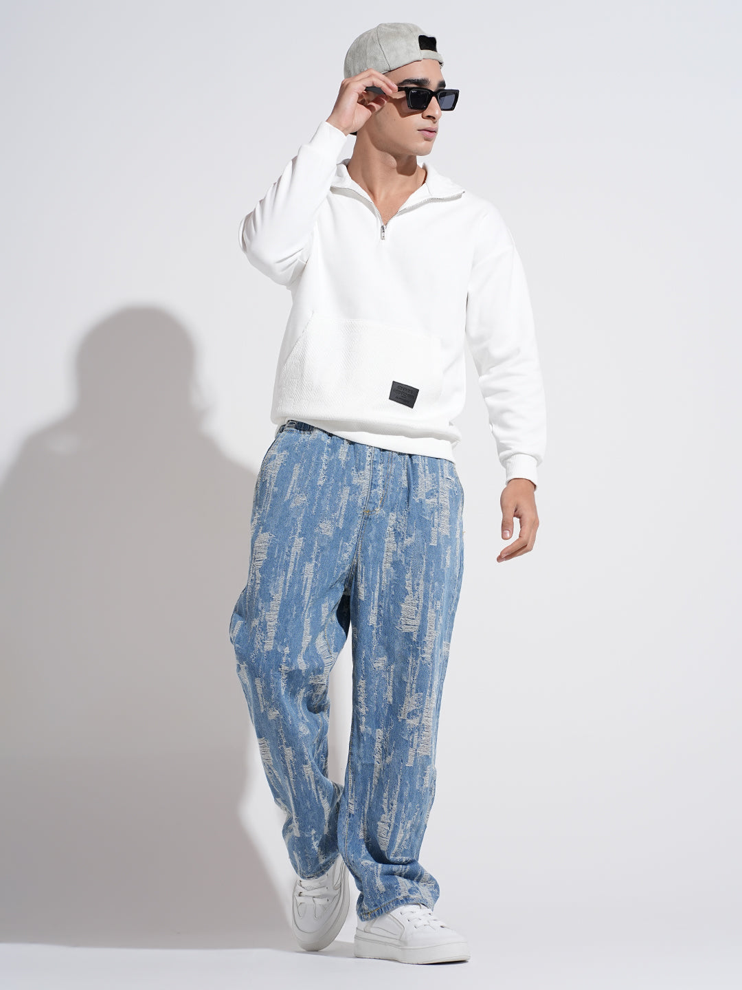 Men's White High Neck Ribbed Slim Fit Sweatshirt