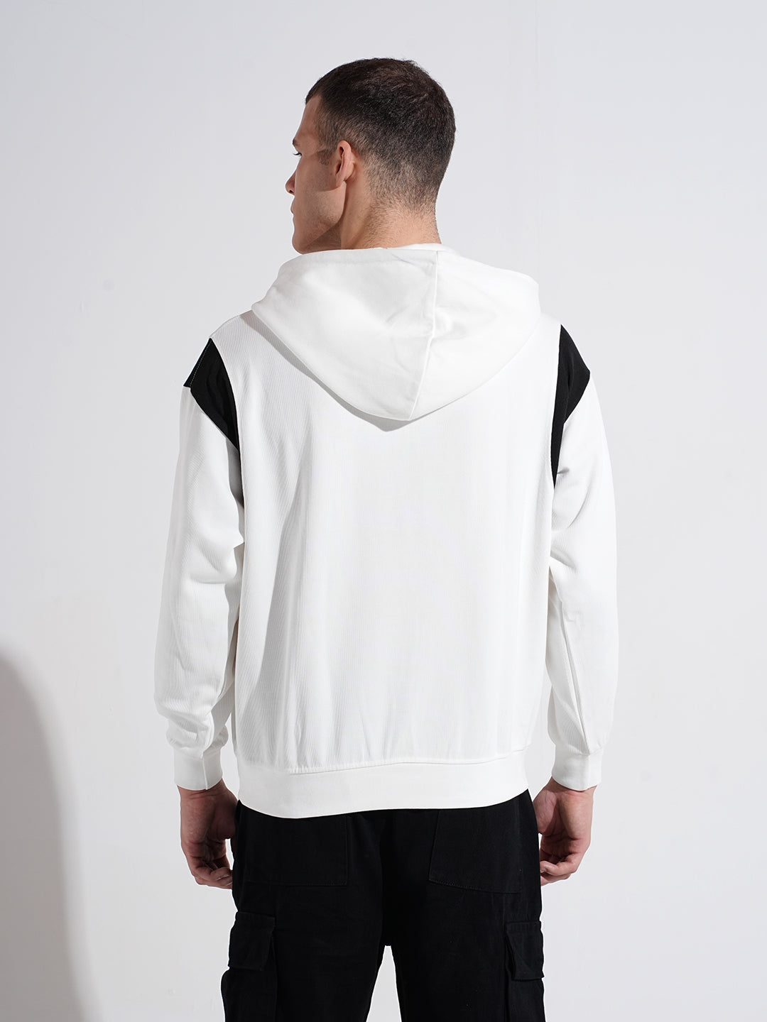 Men's Colourblocked White Ribbed Regular Fit Zip Up Hoodie