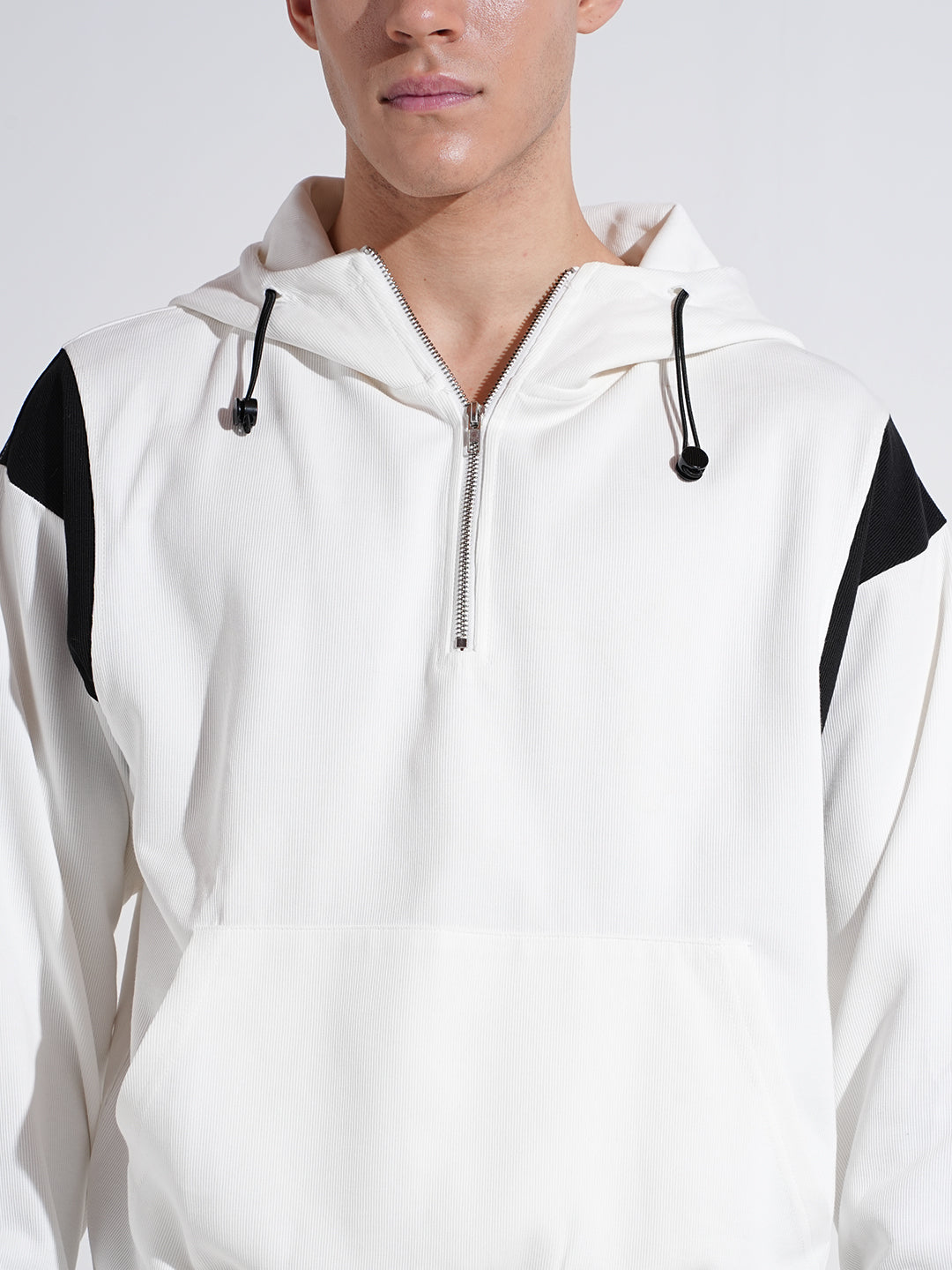 Men's Colourblocked White Ribbed Regular Fit Zip Up Hoodie