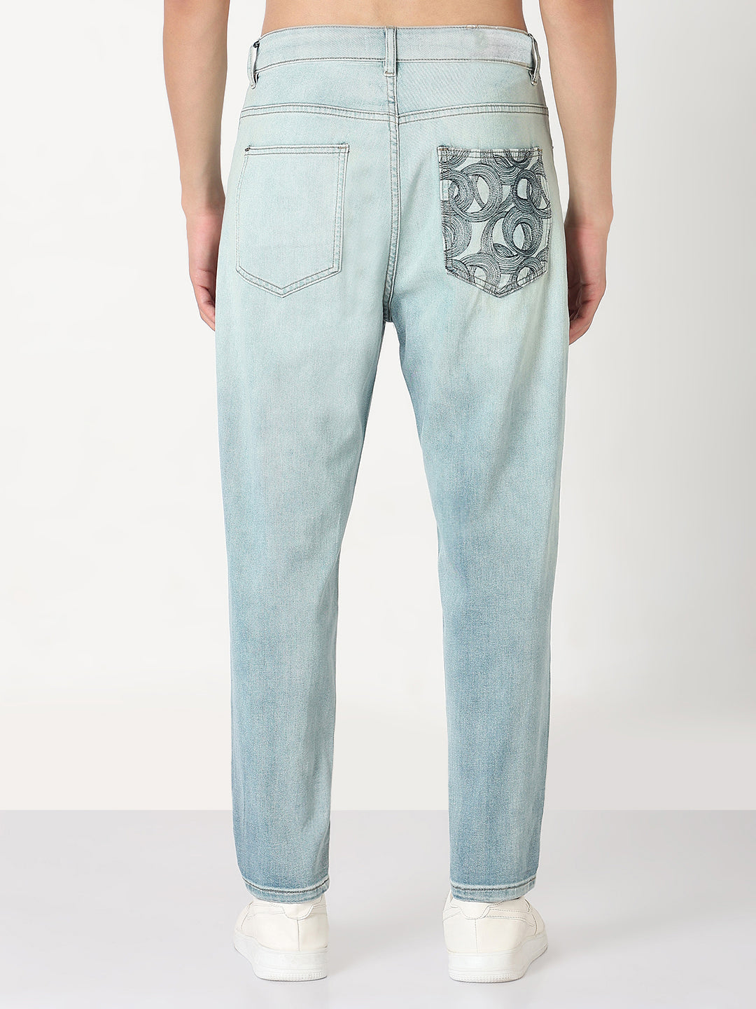 Men's Blue Tapered Fit Ombre Jeans with Embroidered Pocket