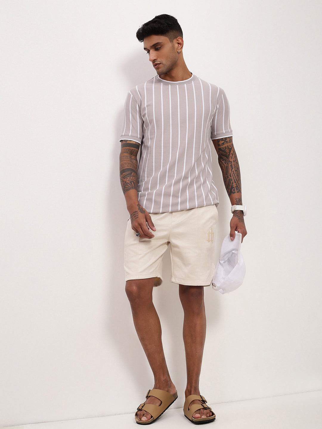 Men Cream Solid Shorts