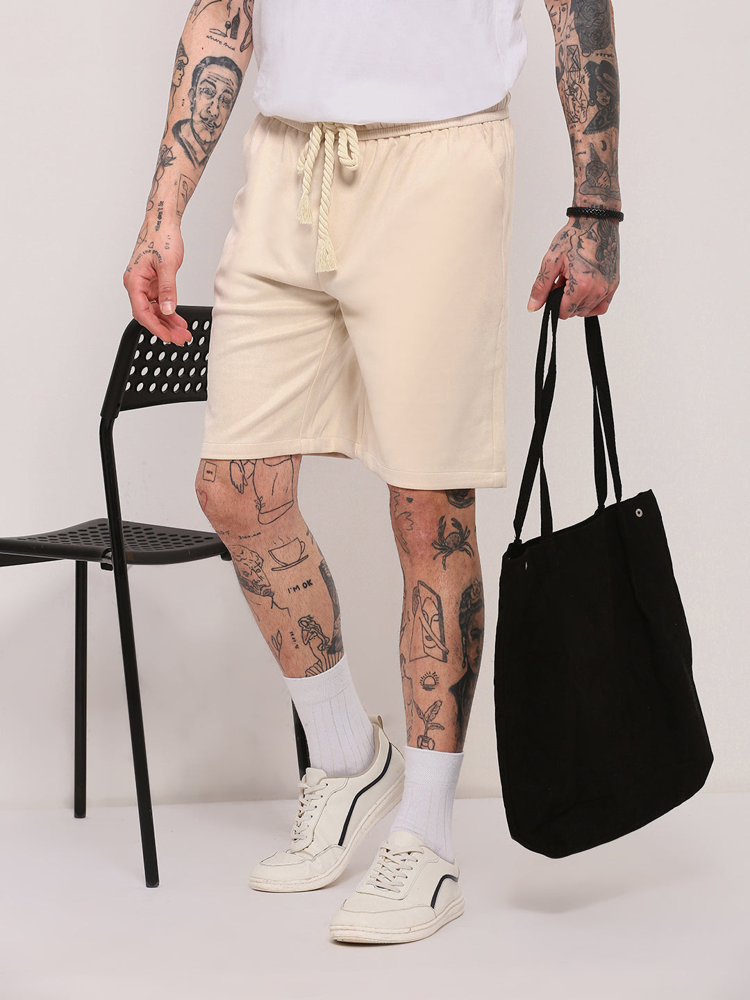 Men Beige Solid Shorts