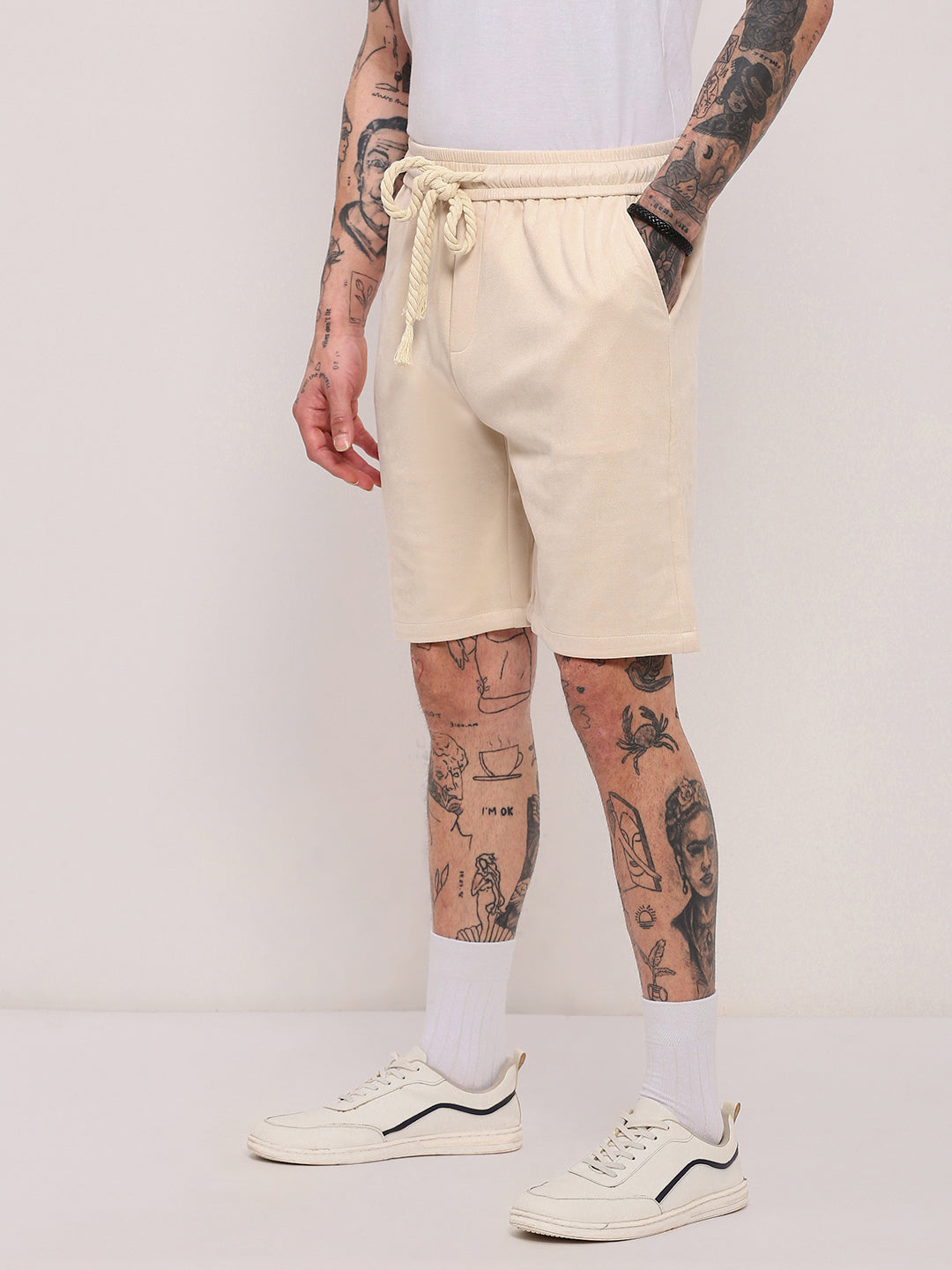 Men Beige Solid Shorts