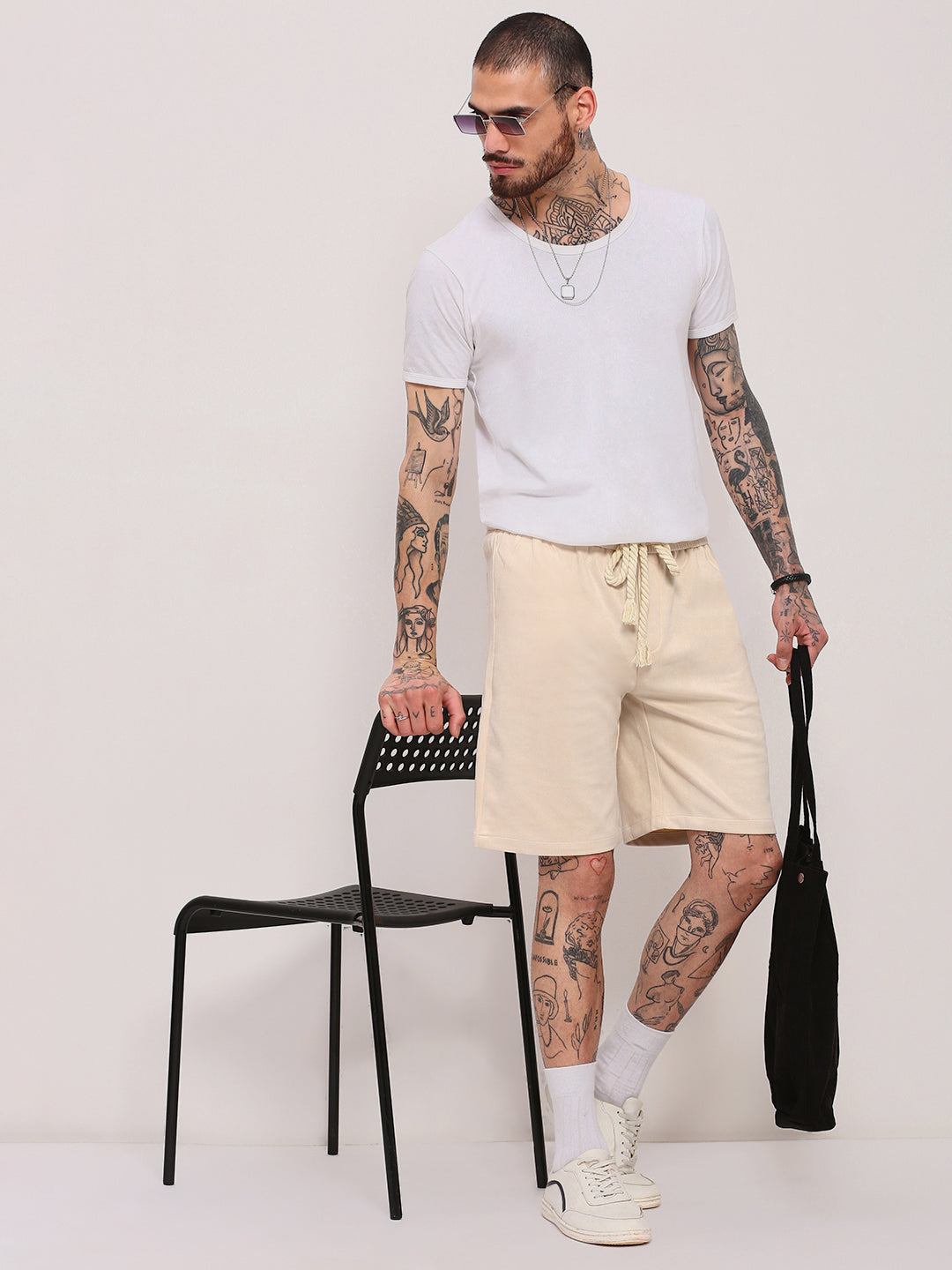 Men Beige Solid Shorts